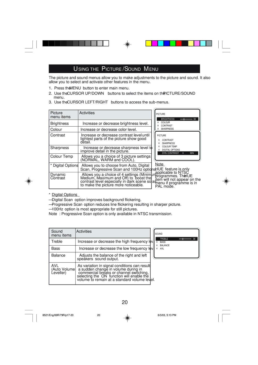 Philips 32PW8521 operating instructions Using the PICTURE/SOUND Menu, Picture Activities, Menu items, Digital Options 