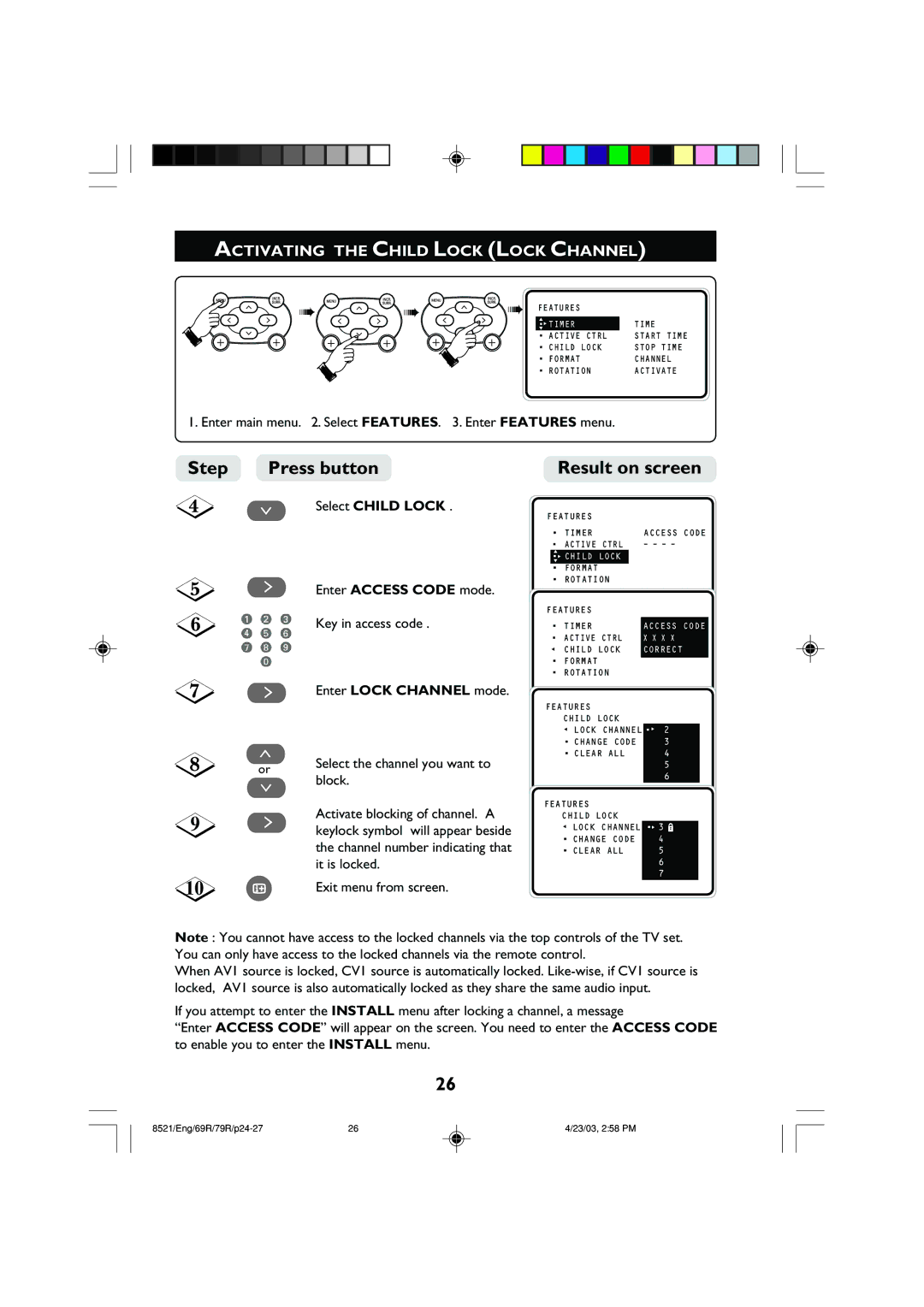 Philips 32PW8521 operating instructions Activating the Child Lock Lock Channel, Select Child Lock, Enter Lock Channel mode 