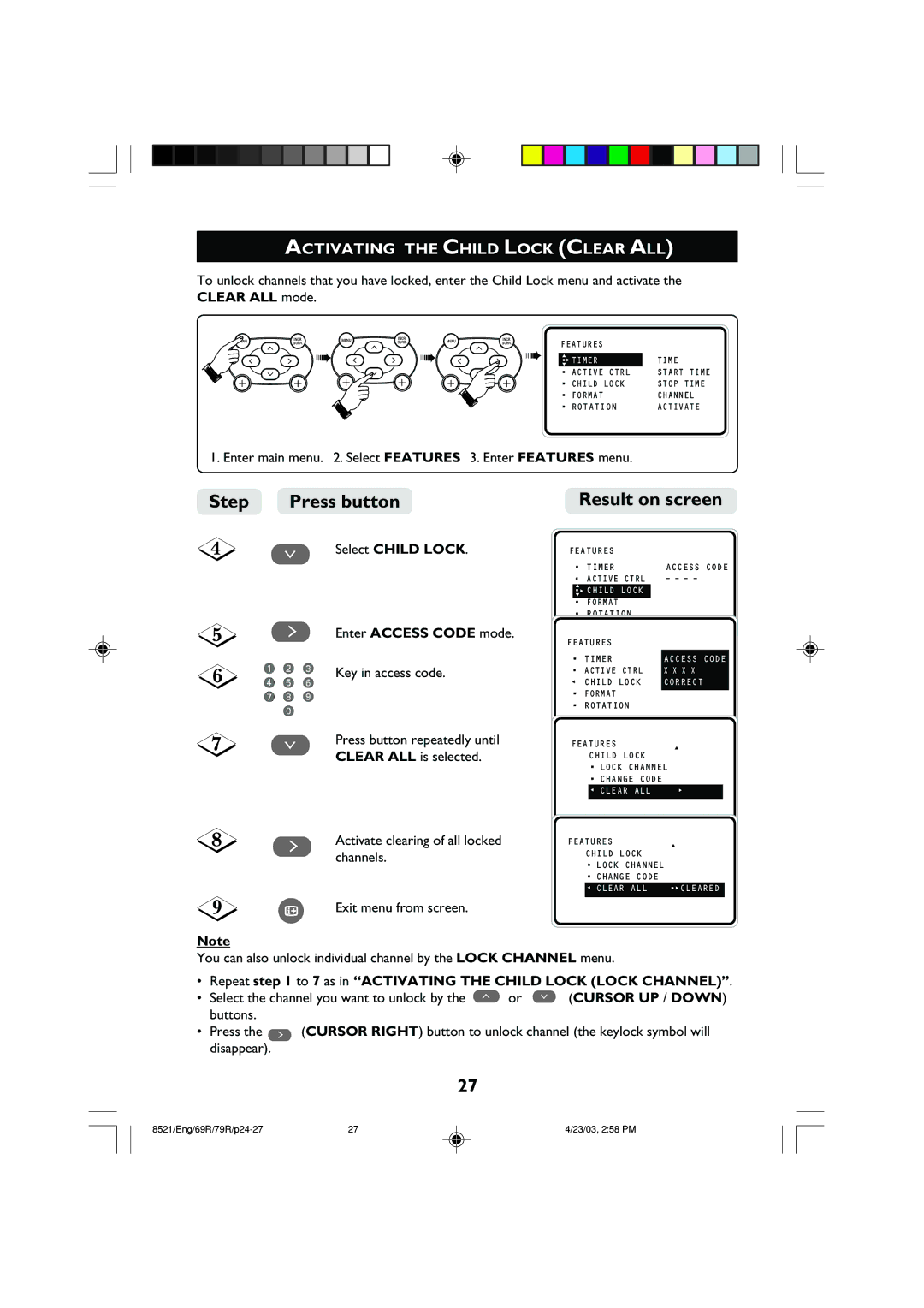 Philips 32PW8521 Activating the Child Lock Clear ALL, Repeat to 7 as in Activating the Child Lock Lock Channel 