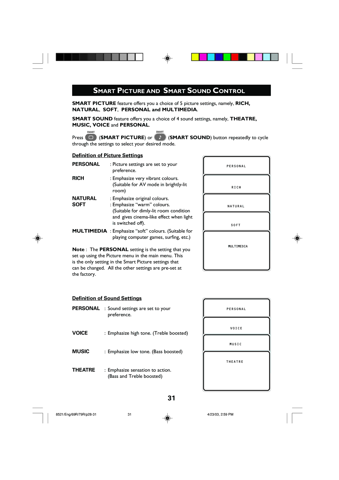 Philips 32PW8521 Smart Picture and Smart Sound Control, Definition of Picture Settings, Definition of Sound Settings 