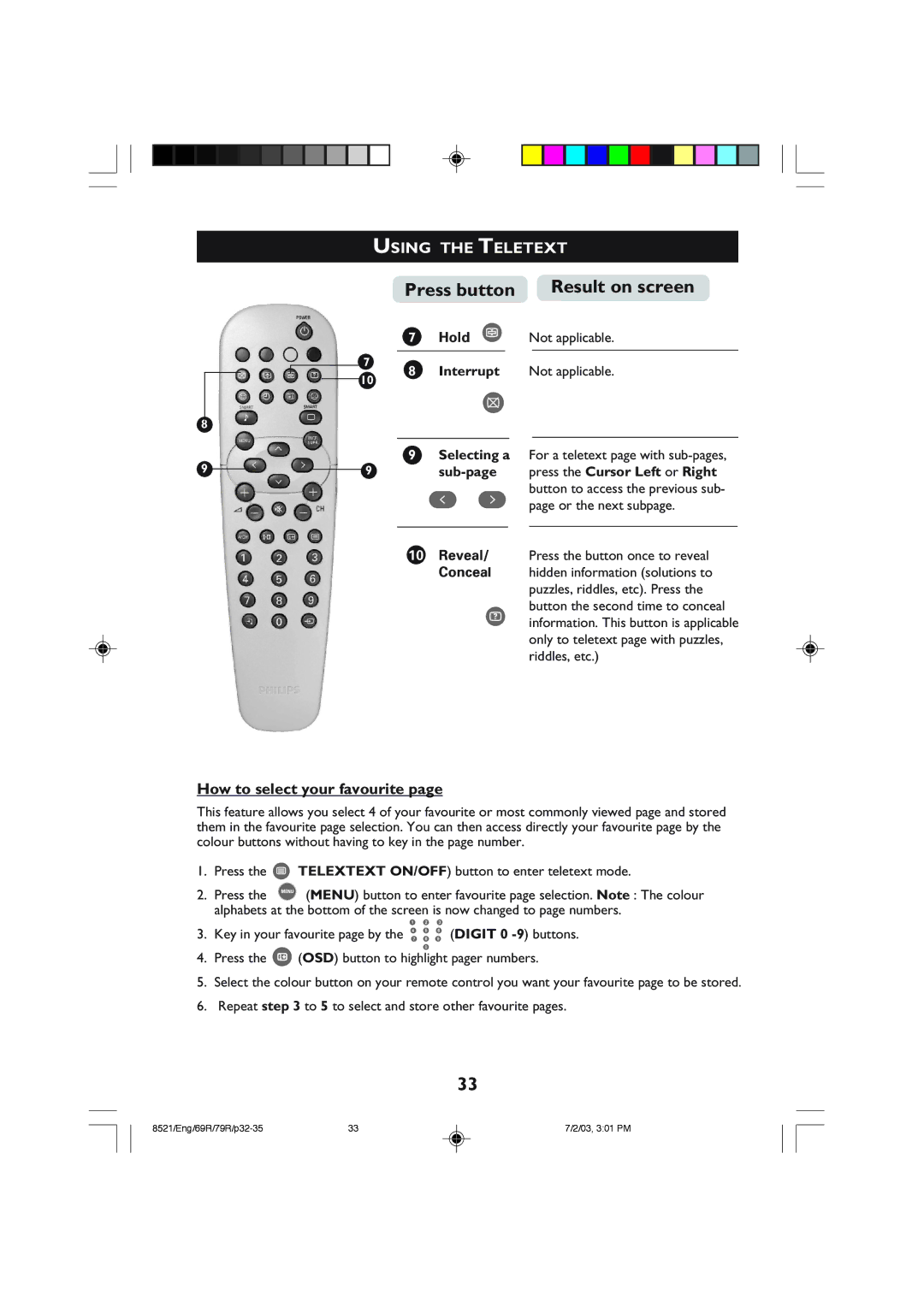 Philips 32PW8521 Using the Teletext, How to select your favourite, Selecting a For a teletext page with sub-pages 