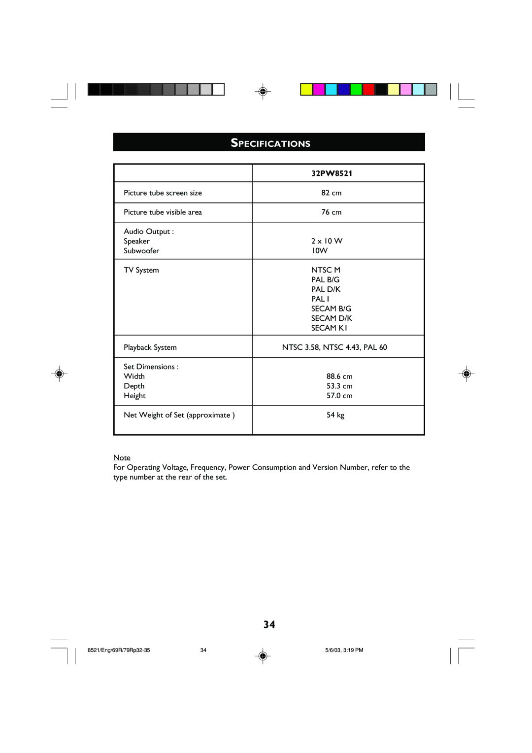 Philips 32PW8521 operating instructions Specifications 