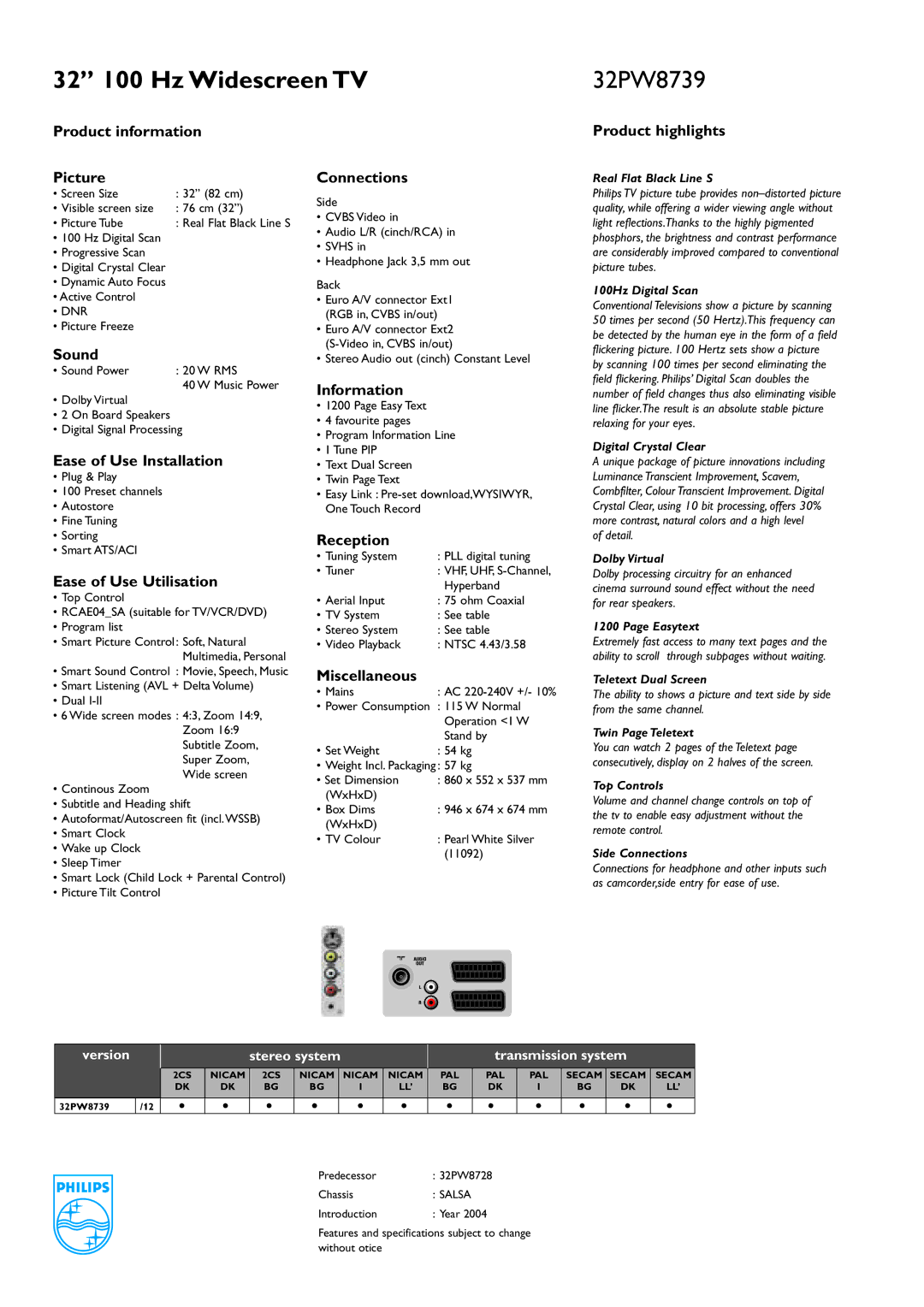 Philips 32PW8739 manual Product information Picture, Sound, Ease of Use Installation, Ease of Use Utilisation, Connections 