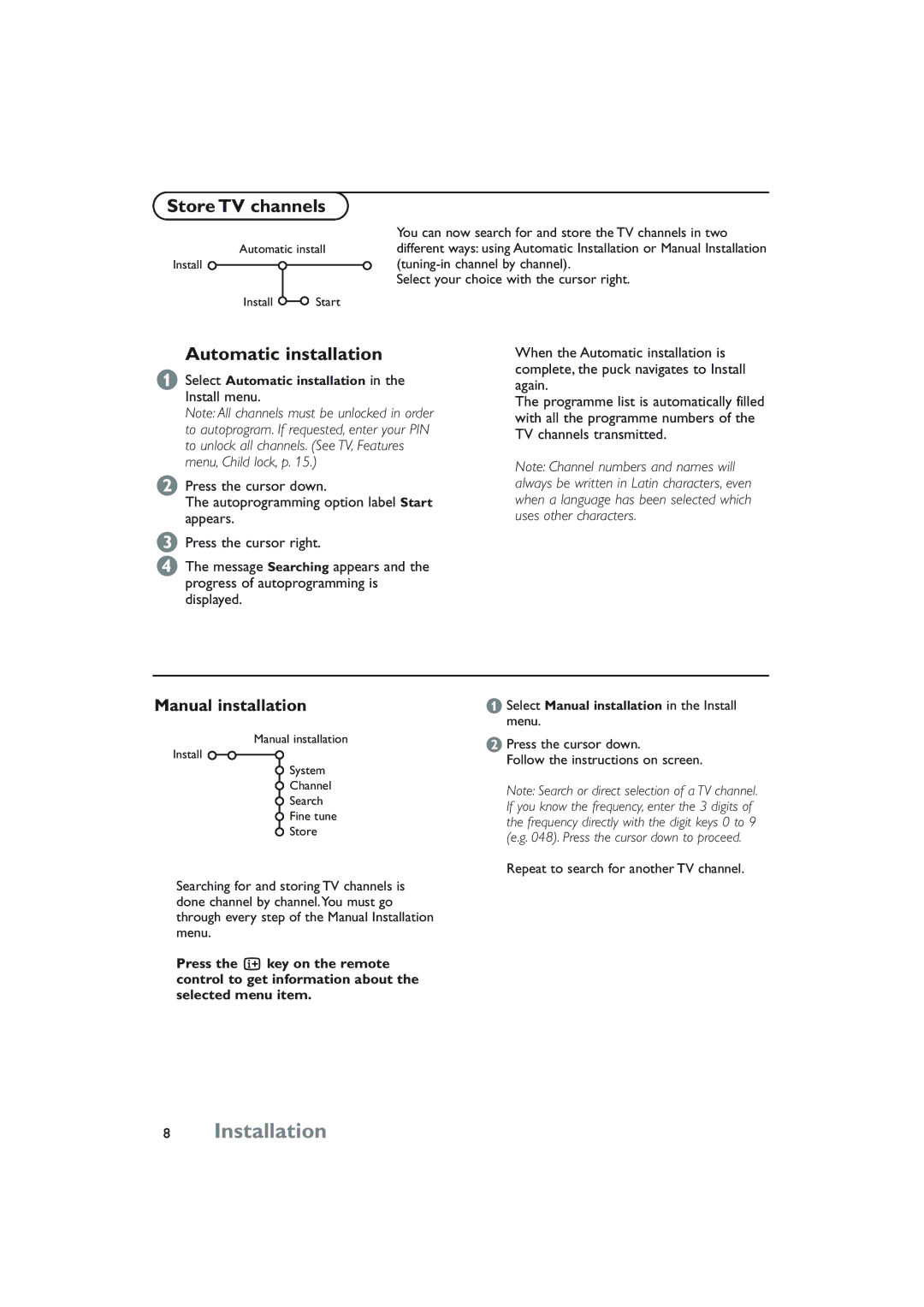 Philips 32PW8808/79R manual Store TV channels, Automatic installation, Manual installation 