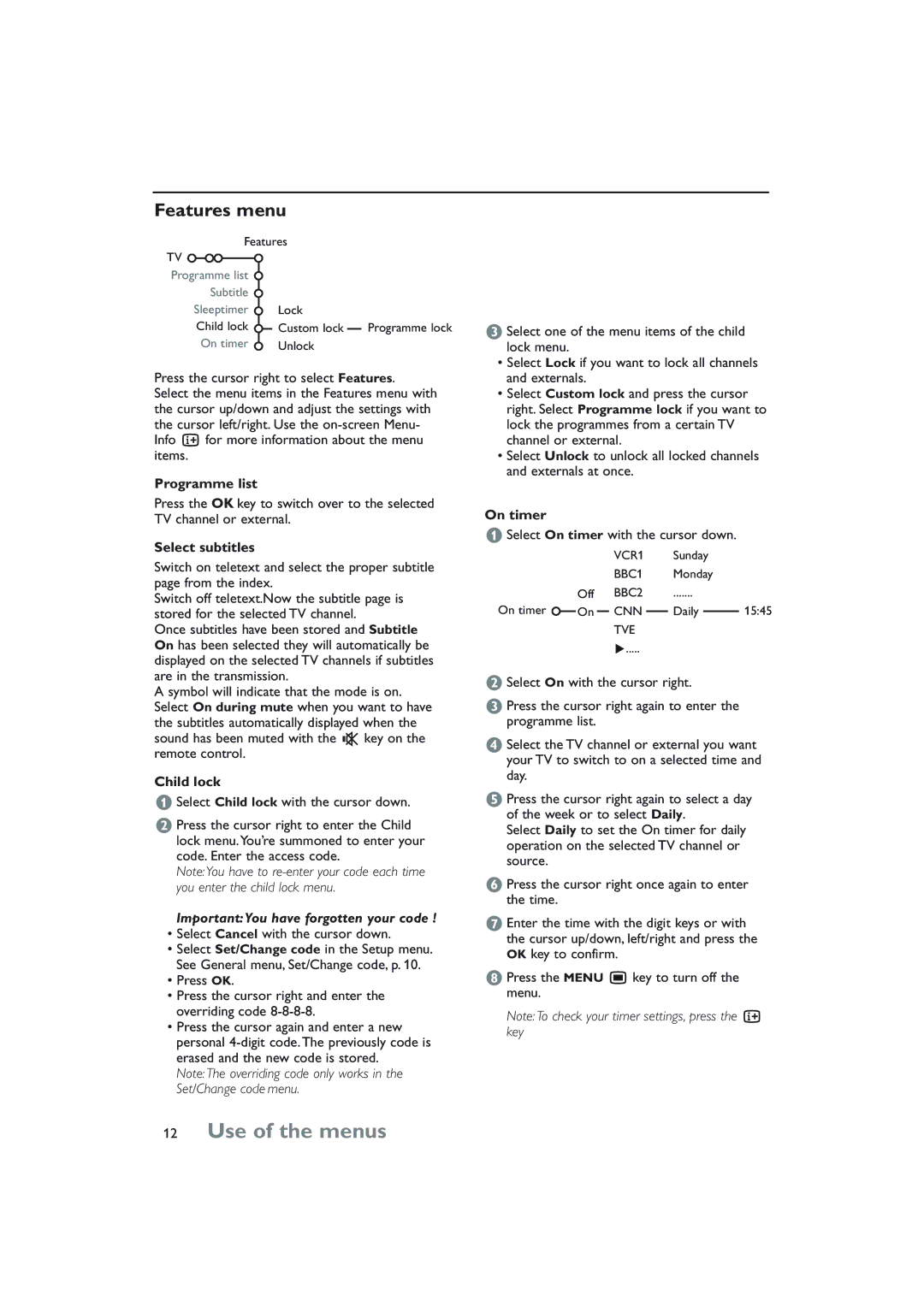 Philips 32PW8808/79R manual Features menu, Programme list, Select subtitles, Child lock, On timer 