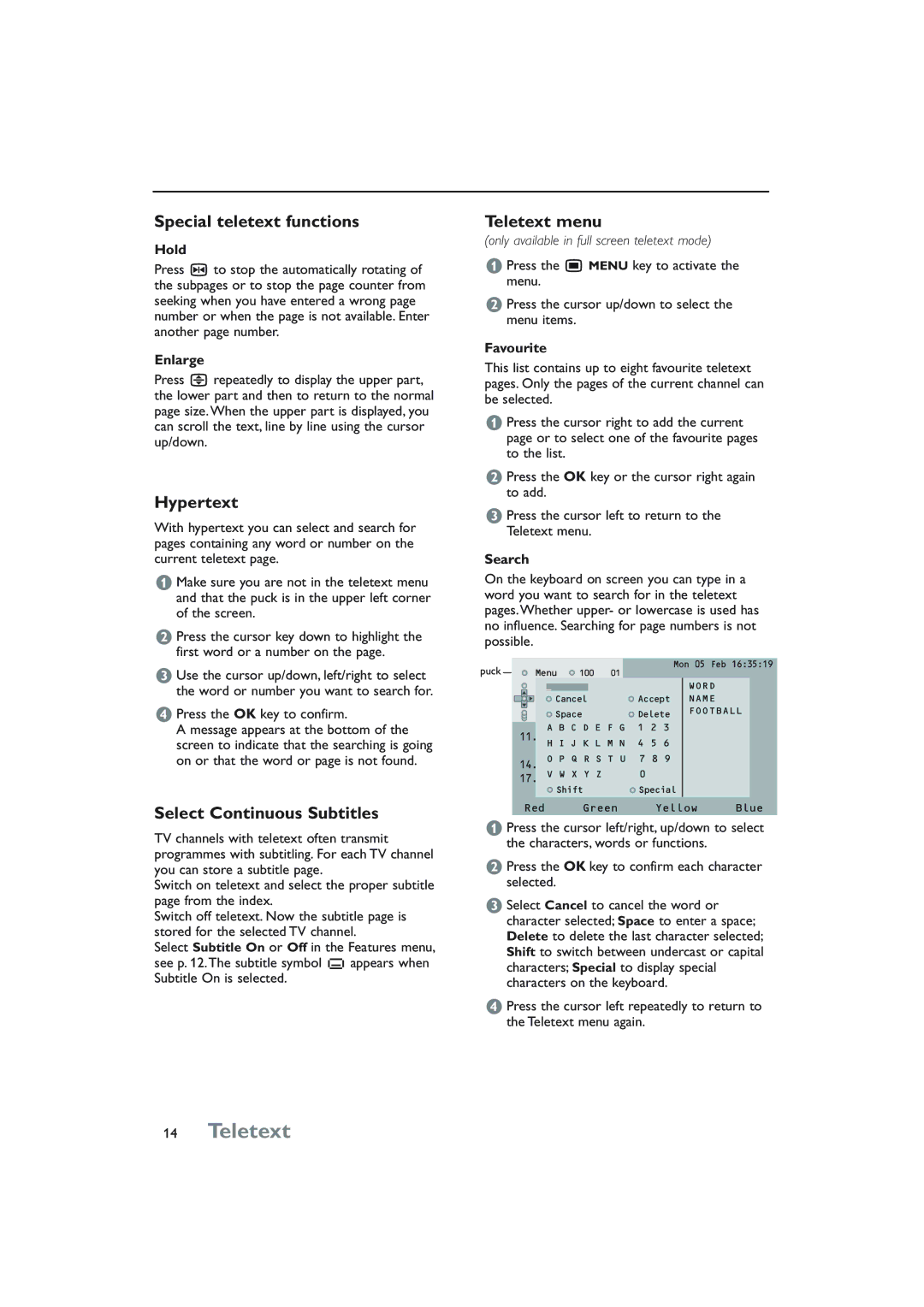 Philips 32PW8808/79R manual Special teletext functions, Hypertext, Select Continuous Subtitles, Teletext menu 