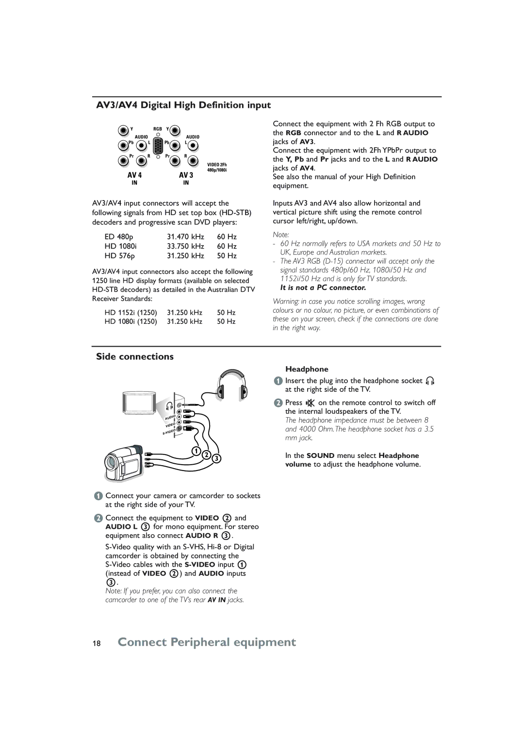 Philips 32PW8808/79R manual AV3/AV4 Digital High Definition input, Side connections, Headphone 