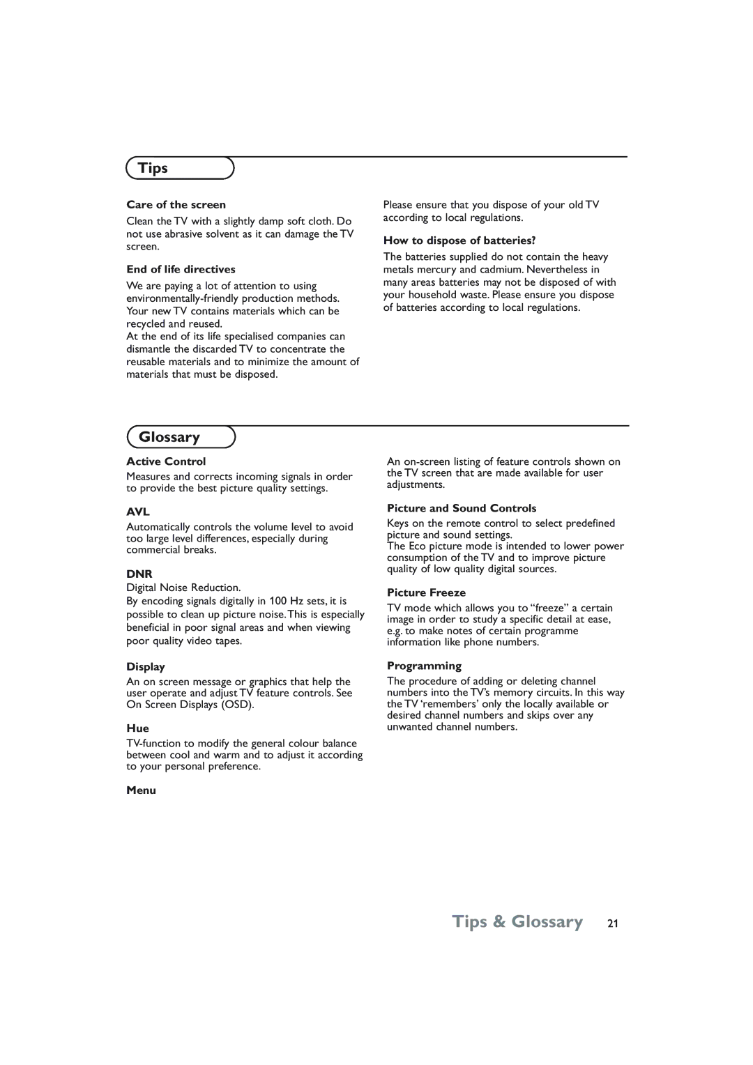 Philips 32PW8808/79R manual Tips & Glossary 