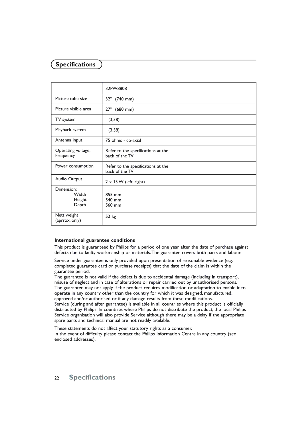 Philips 32PW8808/79R manual Specifications 