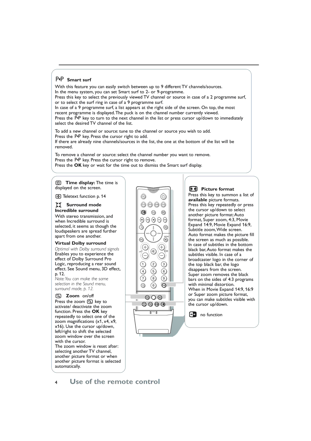 Philips 32PW8808/79R Smart surf, Time display The time is displayed on the screen, Teletext function p, Picture format 