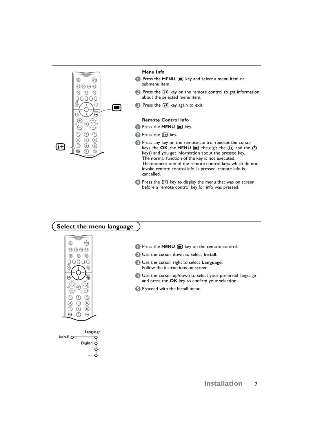 Philips 32PW8808/79R Select the menu language, Menu Info, Press the Menu Ï key and select a menu item or submenu item 