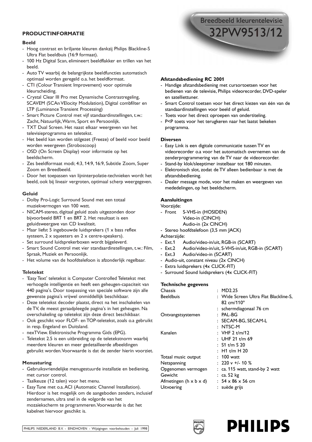 Philips 32PW9513/12 manual Beeld, Geluid, Teletekst, Menusturing, Afstandsbediening RC, Diversen, Aansluitingen 