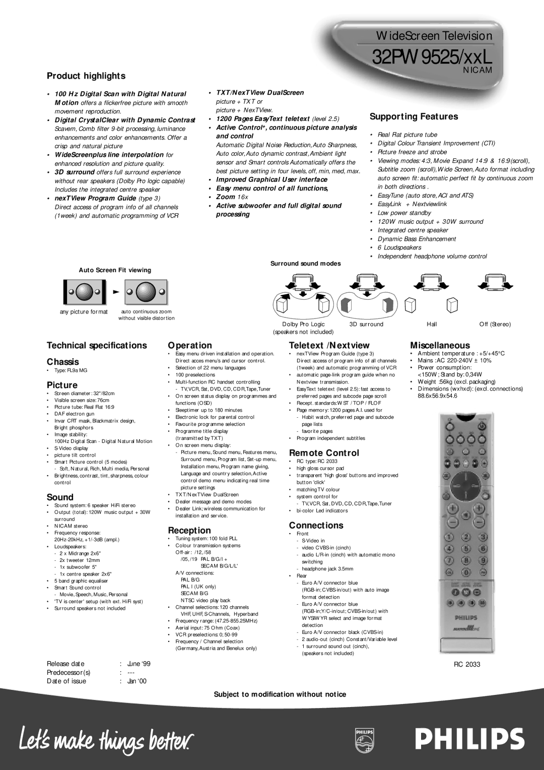 Philips 32PW9525/XXLNICAM manual Product highlights, Supporting Features, Technical specifications Chassis, Picture, Sound 