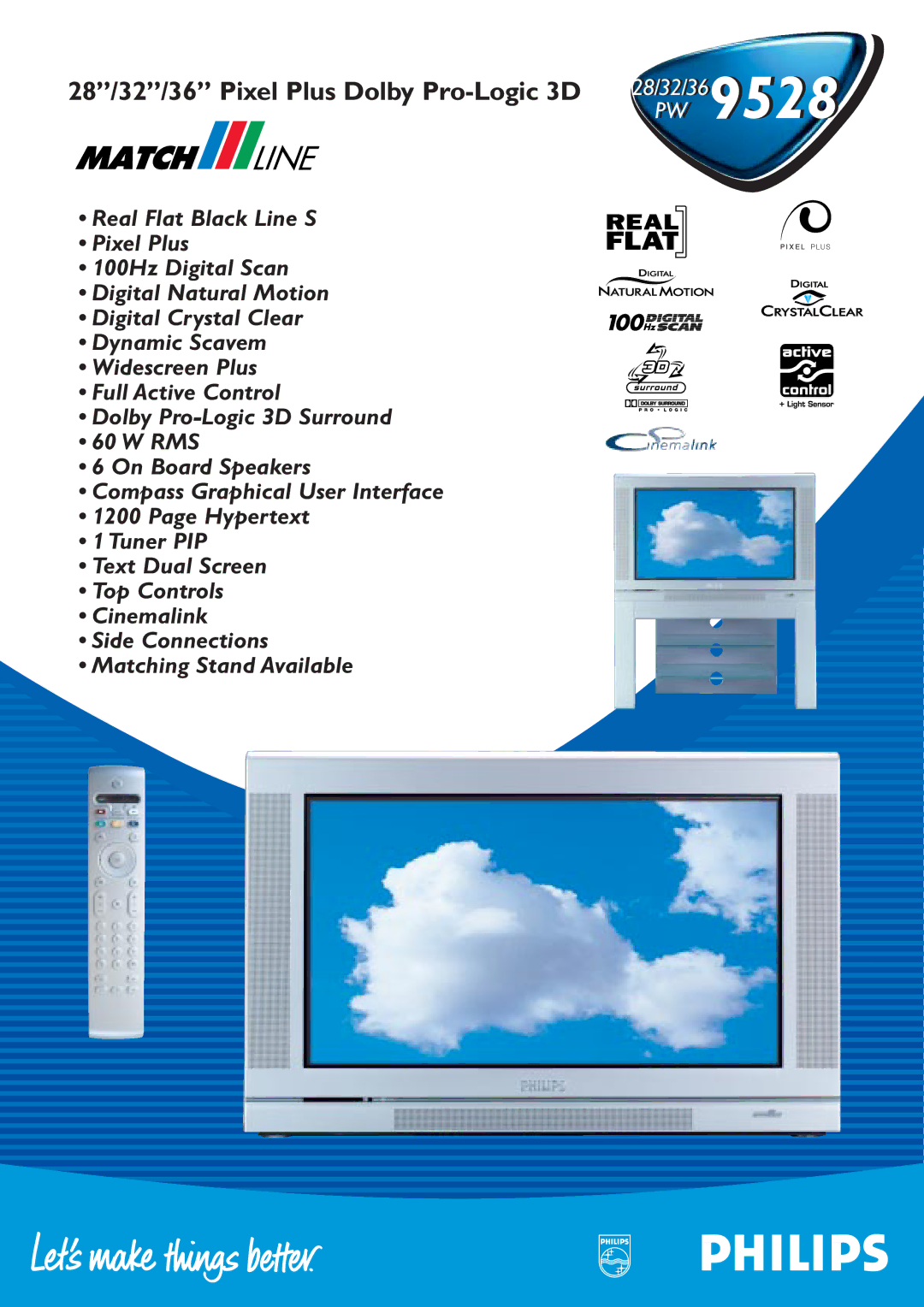 Philips 28PW9528, 32PW9528, 36PW9528 manual 28/32/36 Pixel Plus Dolby Pro-Logic 3D 28/32/36 