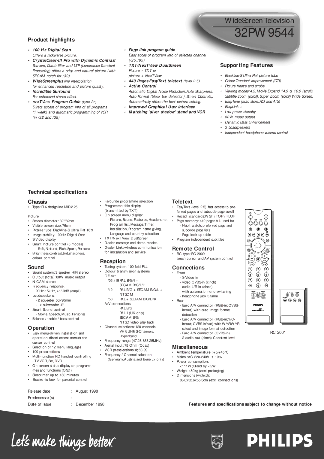 Philips 32PW9544 manual Remote Control 