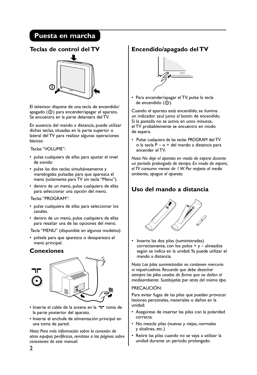 Philips 32PW9551 manual Puesta en marcha, Púlsela para que aparezca o desaparezca el menú principal 