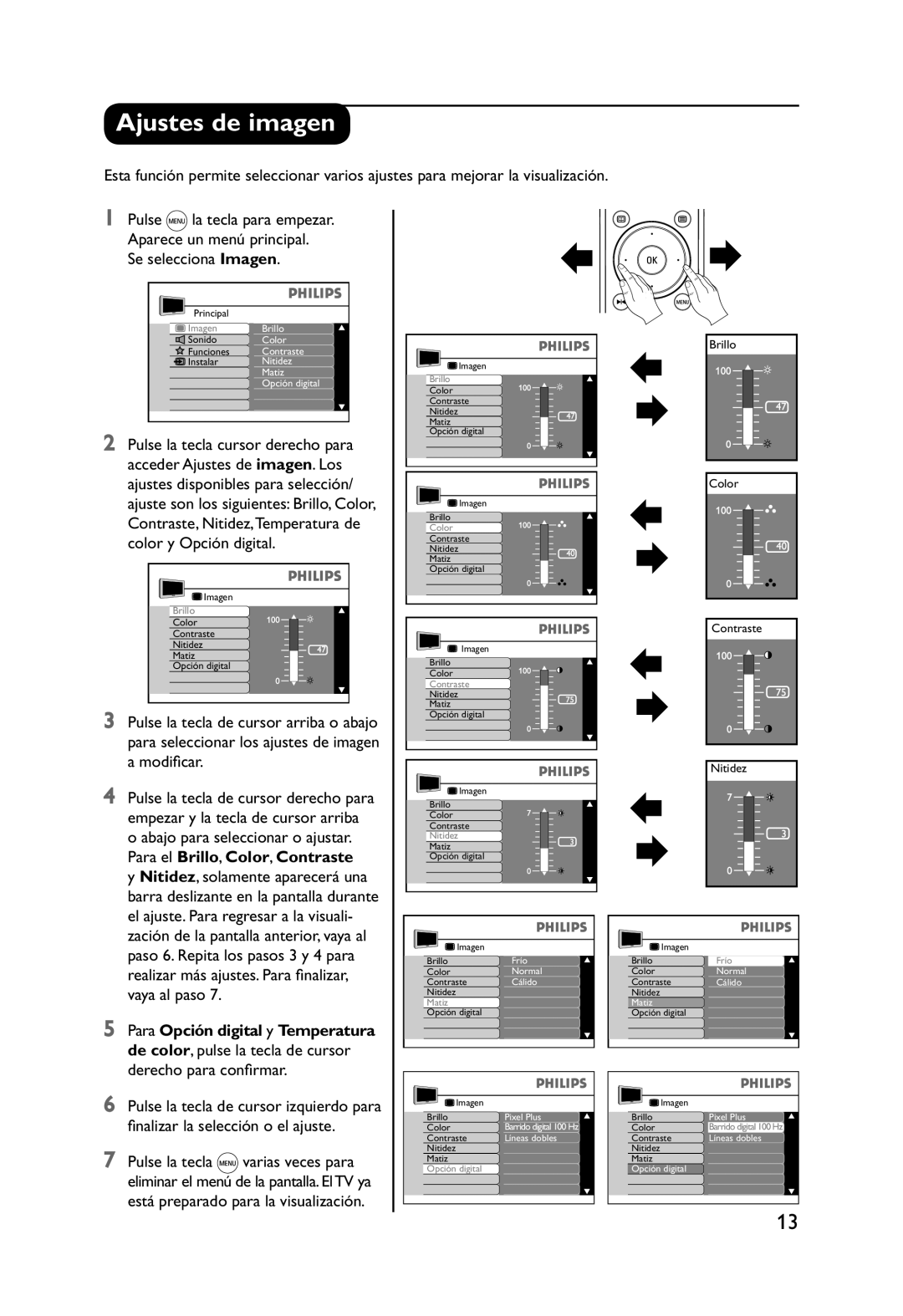 Philips 32PW9551 manual Ajustes de imagen, Para el Brillo, Color, Contraste 