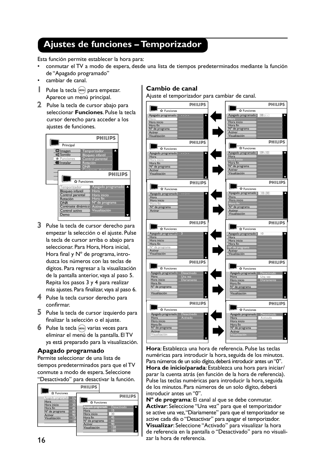 Philips 32PW9551 manual Ajustes de funciones Temporizador, Cambio de canal, Apagado programado 