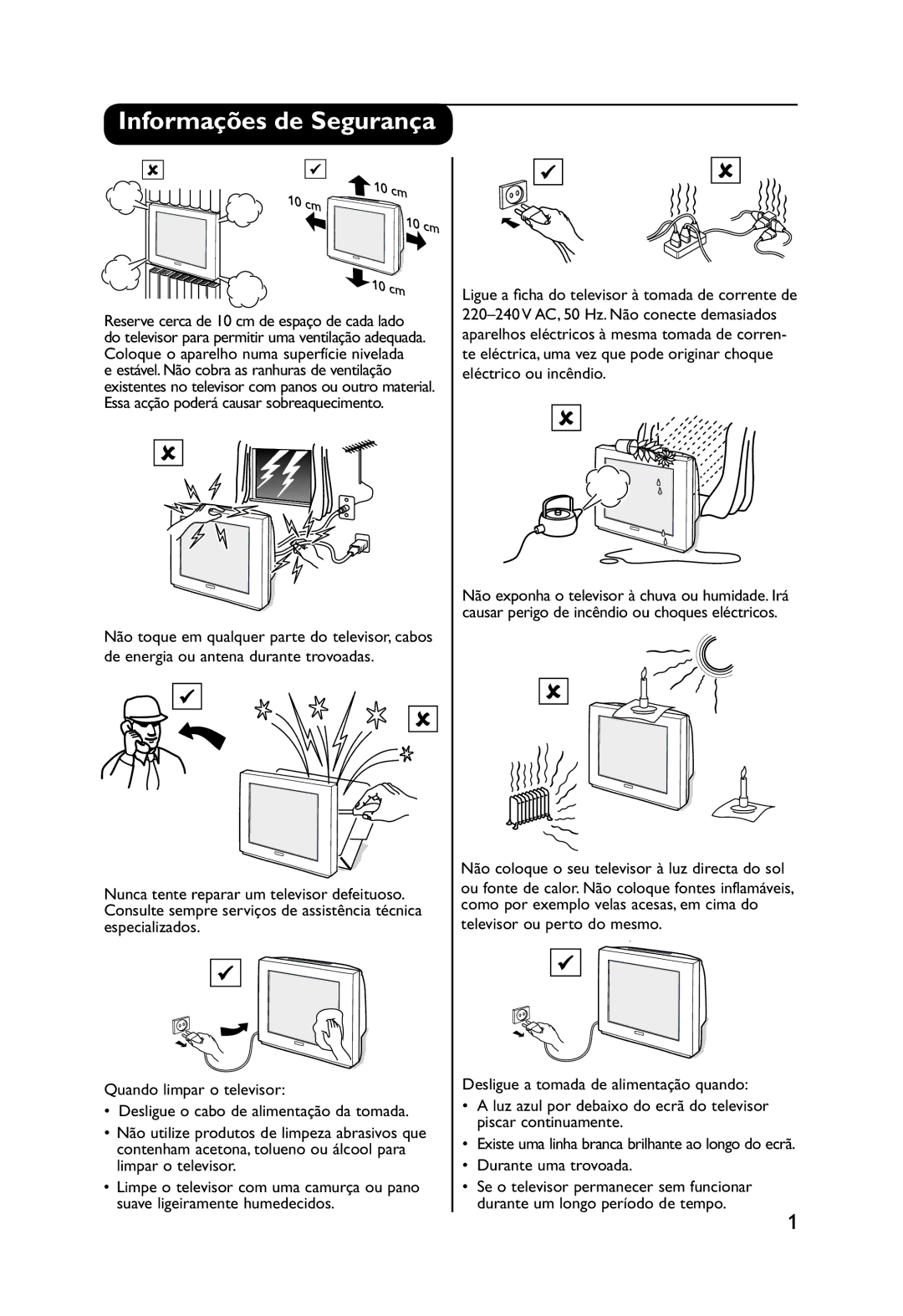 Philips 32PW9551 manual Informações de Segurança, Não coloque o seu televisor à luz directa do sol 