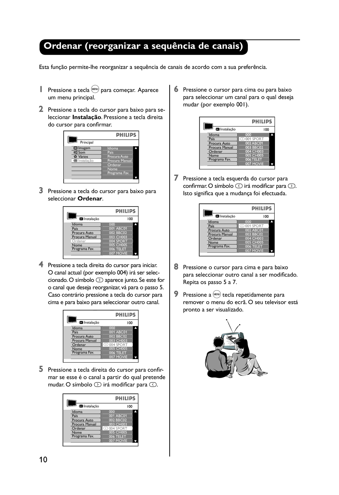 Philips 32PW9551 manual Ordenar reorganizar a sequência de canais 