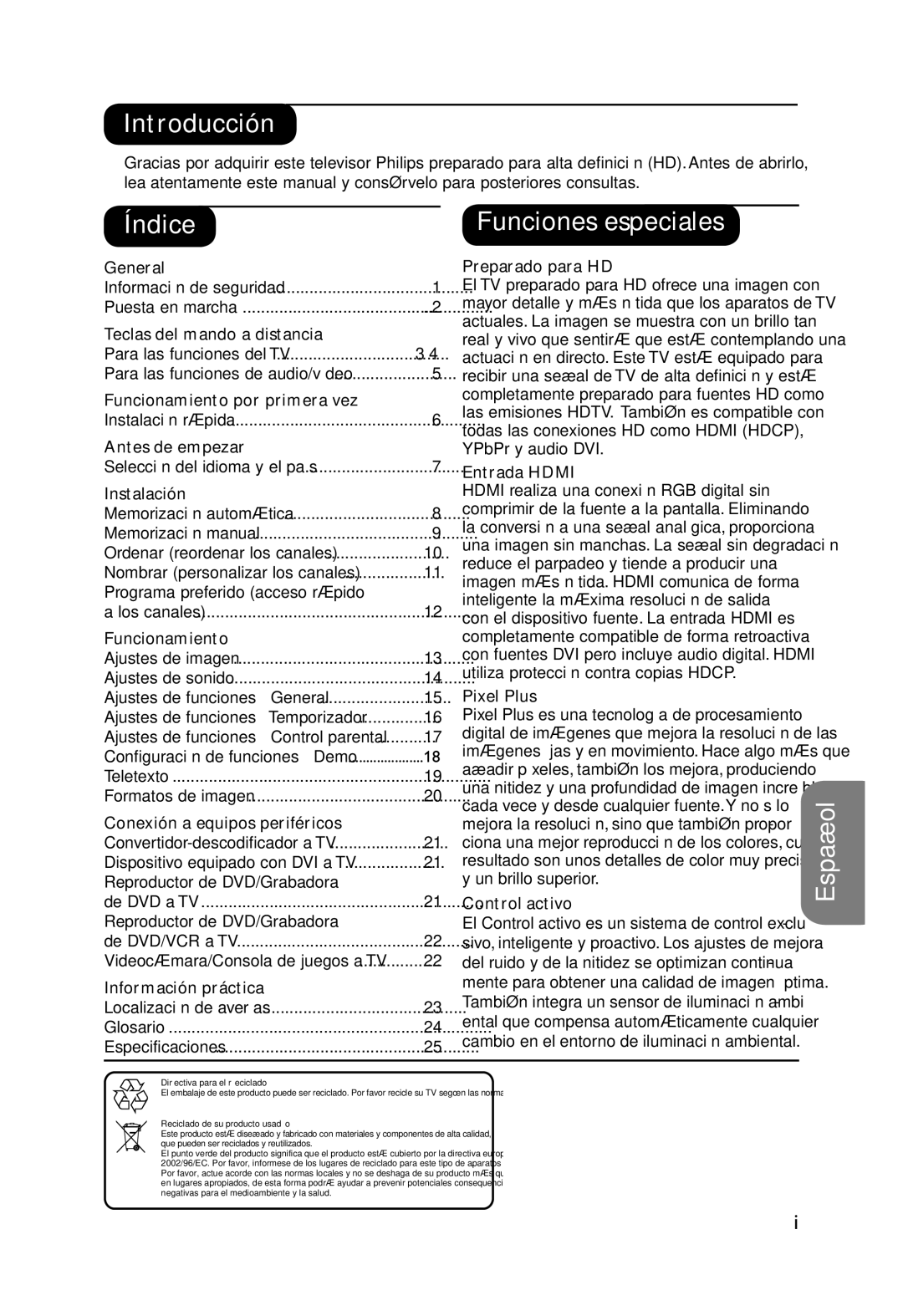 Philips 32PW9551 manual Introducción, Índice, Funciones especiales 