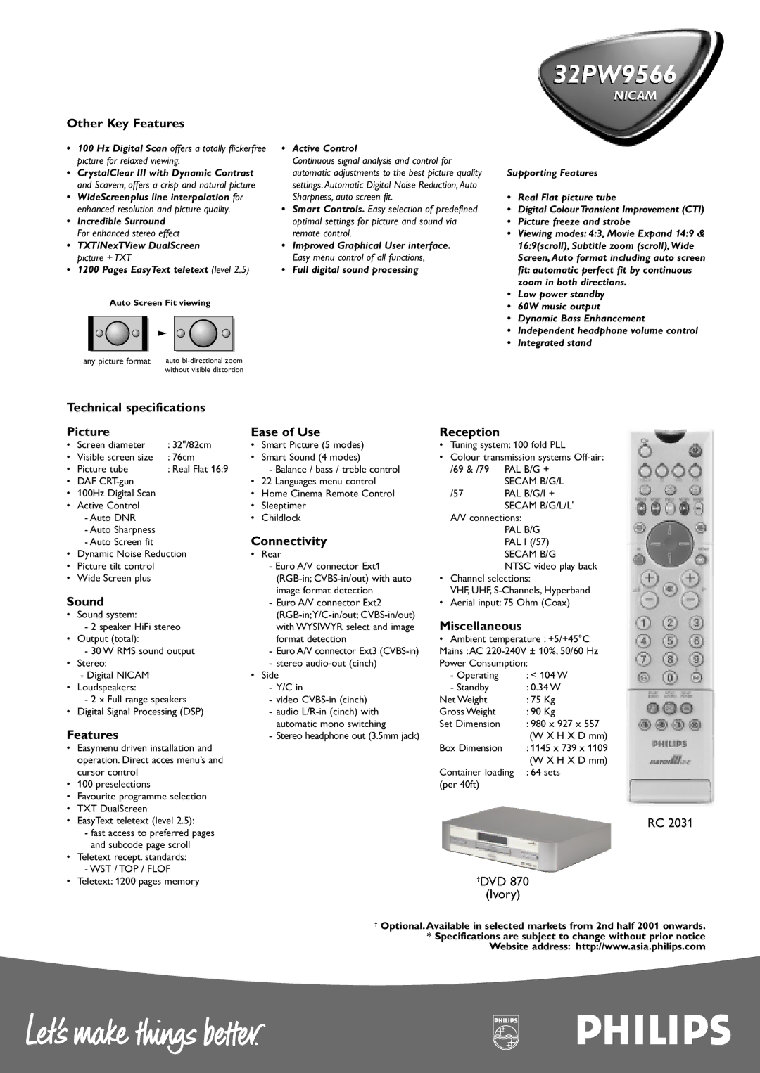 Philips 32PW9566 manual Other Key Features, Technical specifications Picture Ease of Use Reception, Connectivity, Sound 