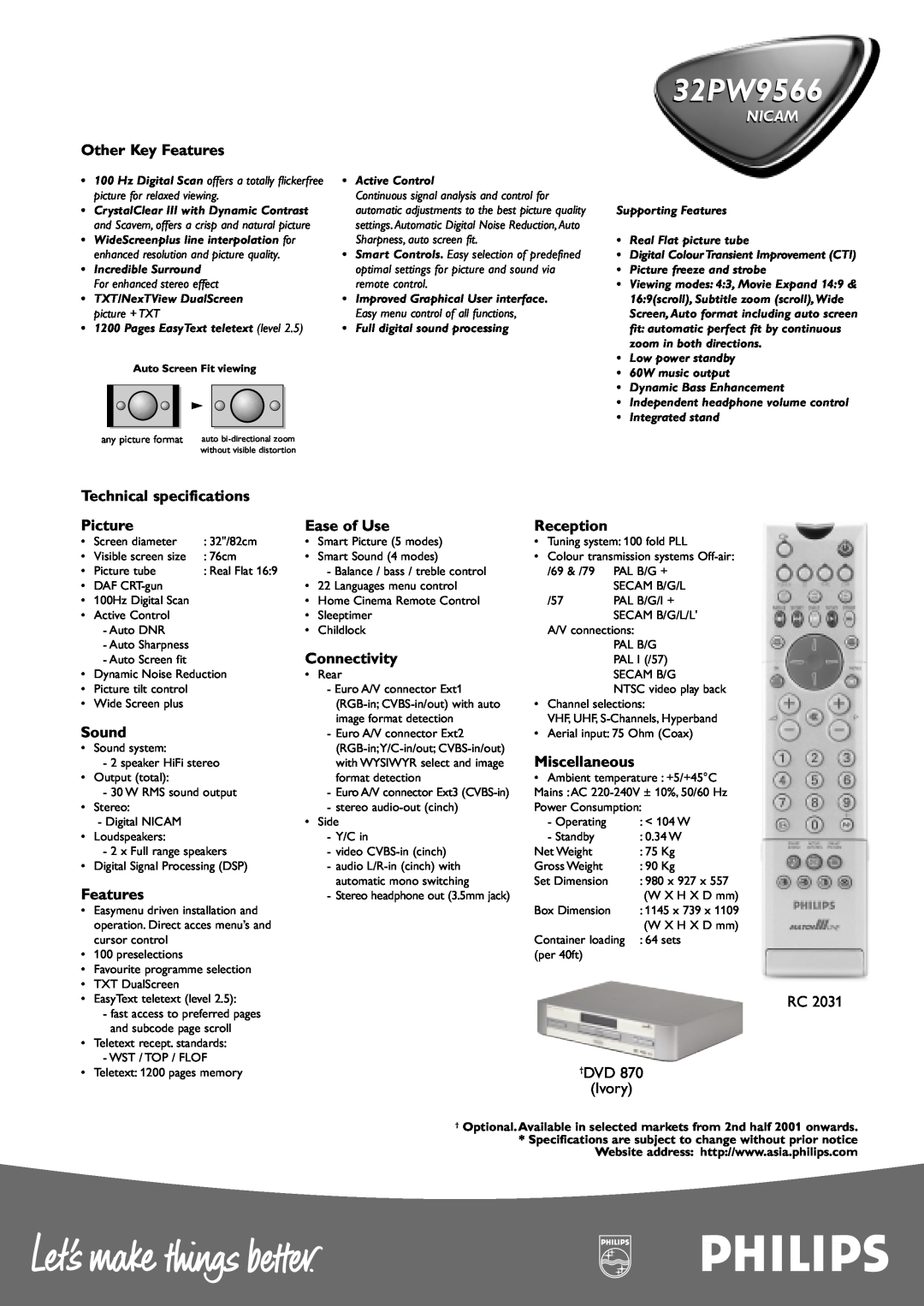 Philips 32PW9566 Nicam, Other Key Features, Technical specifications, Picture, Ease of Use, Reception, Connectivity, Sound 