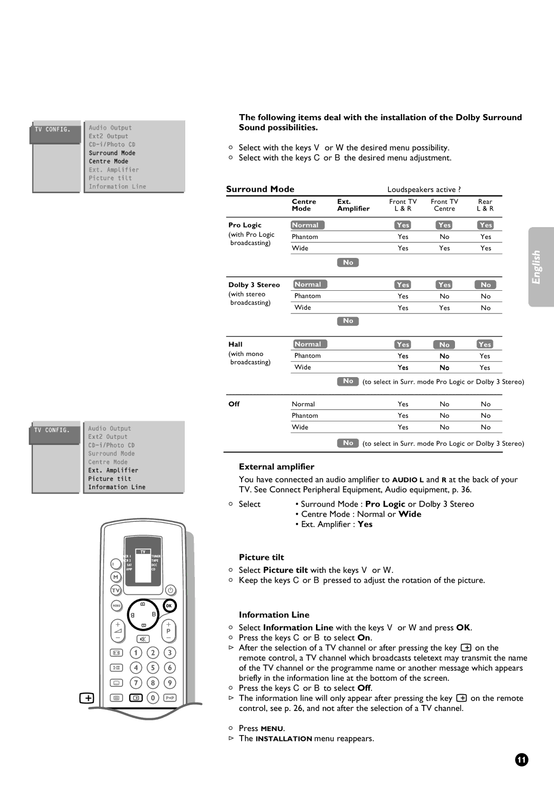 Philips 32PW9631/12 manual Surround Mode, External amplifier, Picture tilt, Information Line 