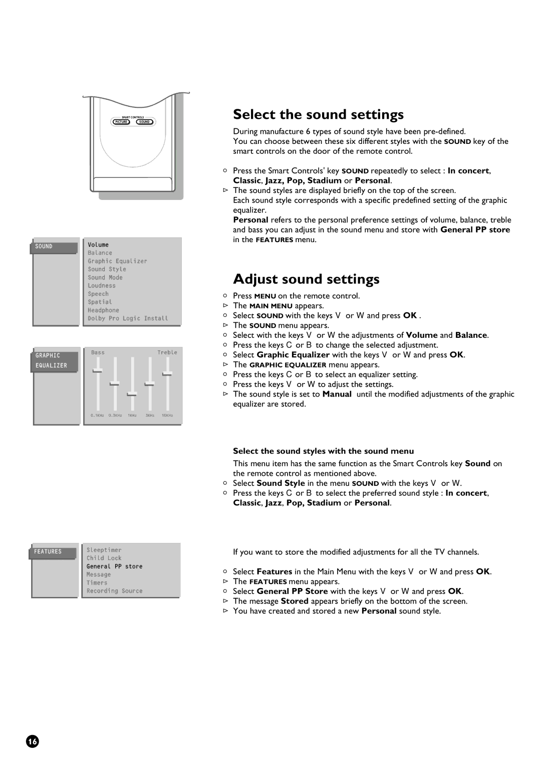 Philips 32PW9631/12 manual Select the sound settings, Adjust sound settings, Select the sound styles with the sound menu 