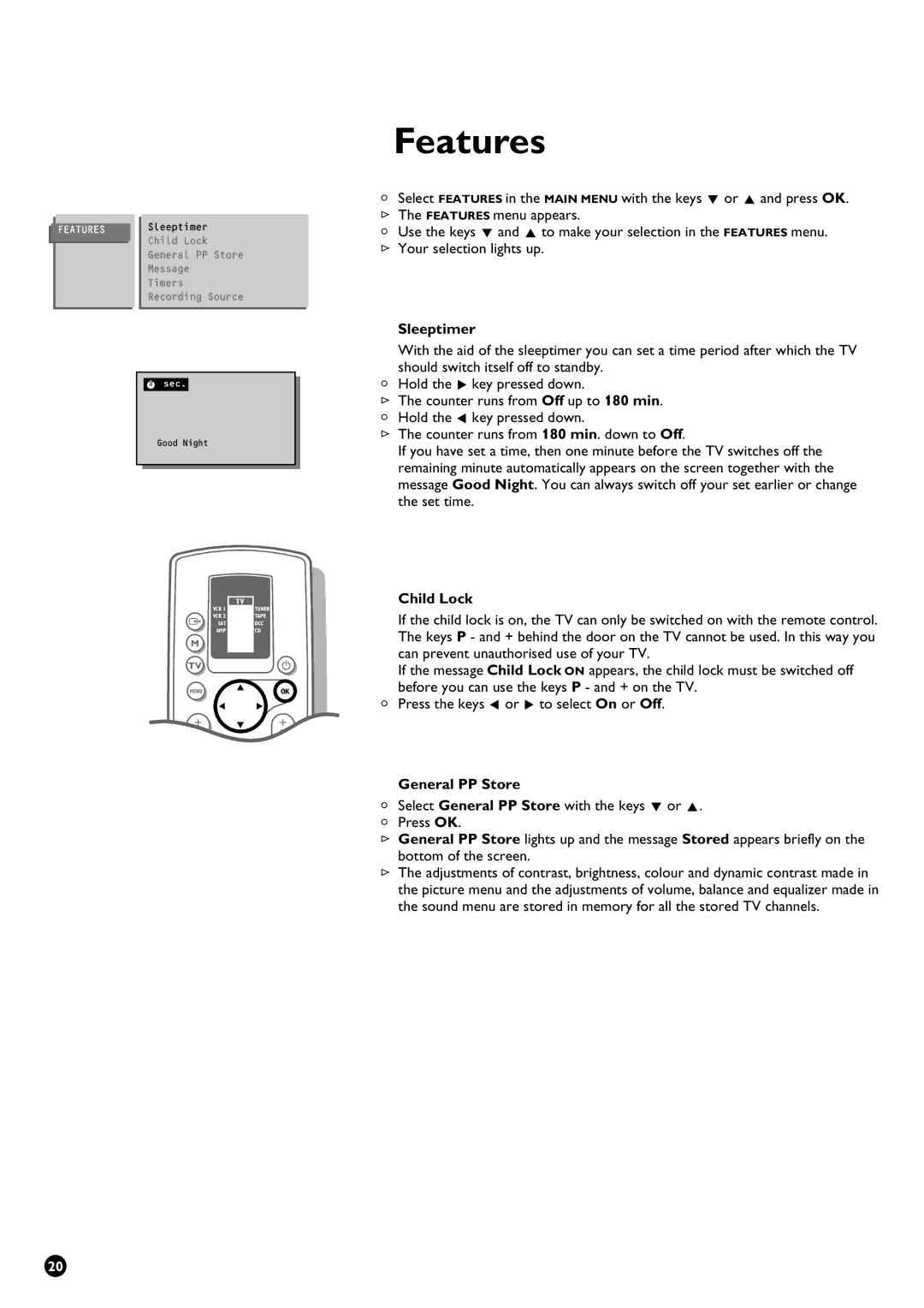 Philips 32PW9631/12 manual Features, Sleeptimer, Child Lock, General PP Store 