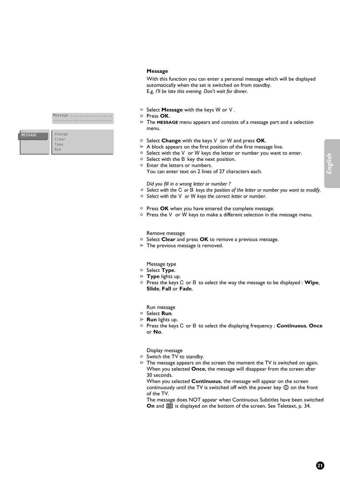 Philips 32PW9631/12 manual Message, Press OK when you have entered the complete message 