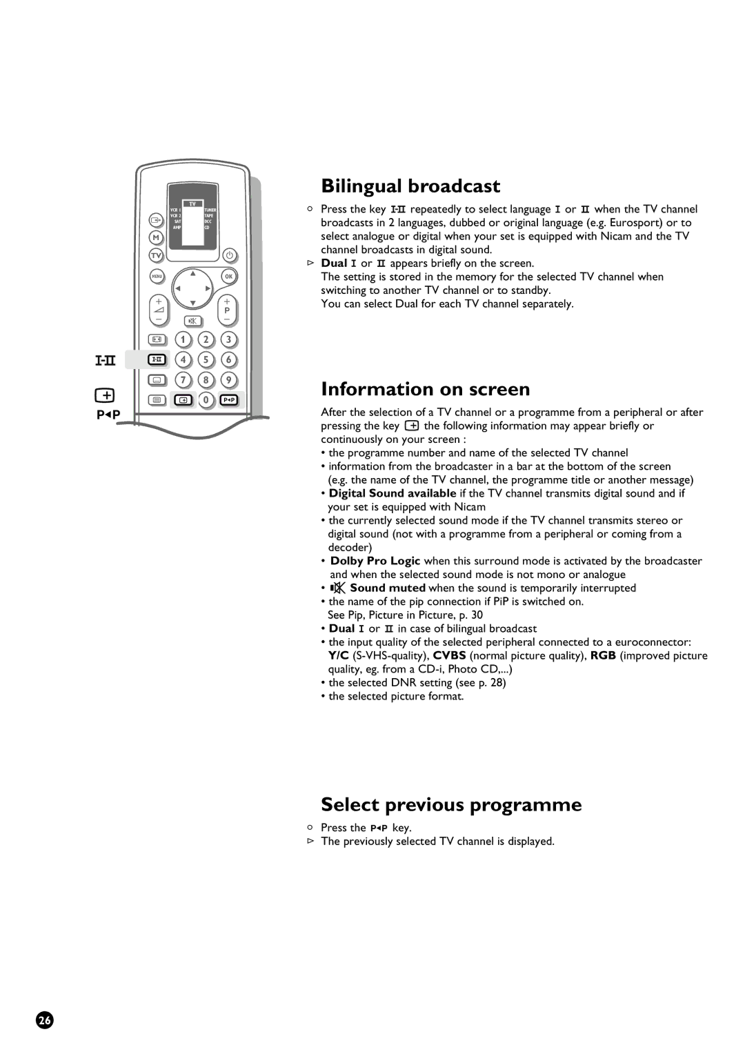 Philips 32PW9631/12 manual Bilingual broadcast, Information on screen, Select previous programme 