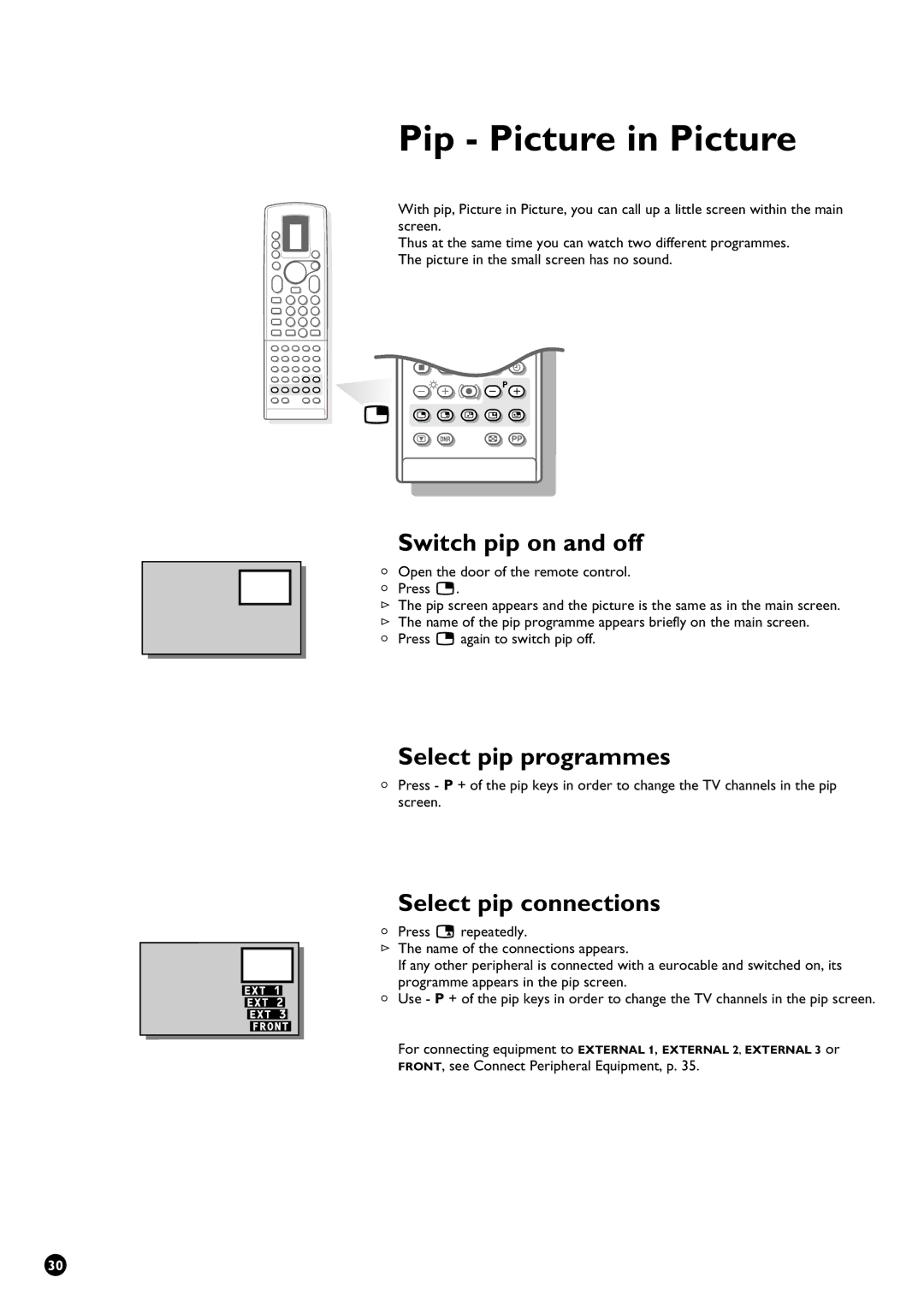 Philips 32PW9631/12 manual Pip Picture in Picture, Switch pip on and off, Select pip programmes, Select pip connections 