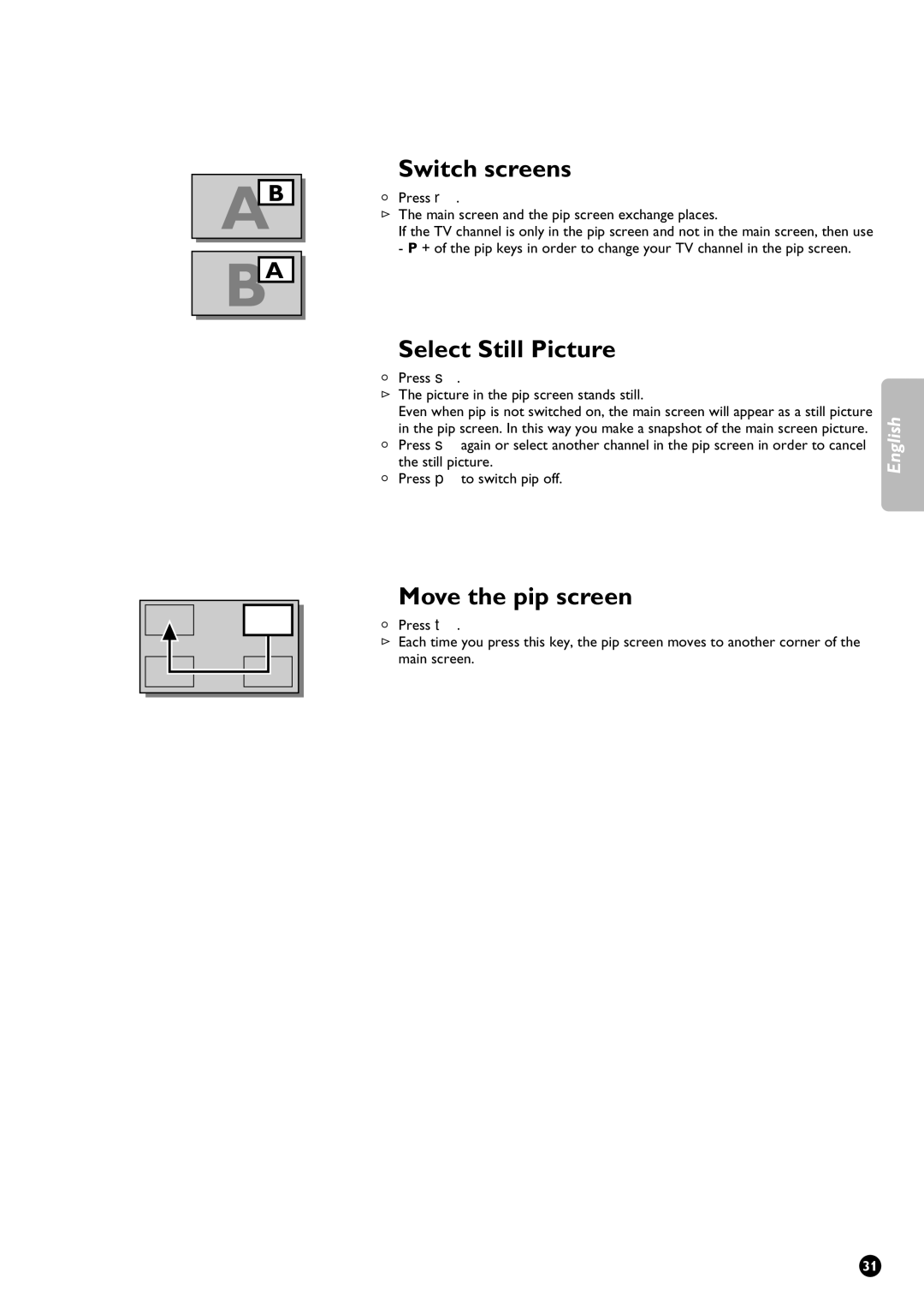 Philips 32PW9631/12 manual Switch screens, Select Still Picture, Move the pip screen 