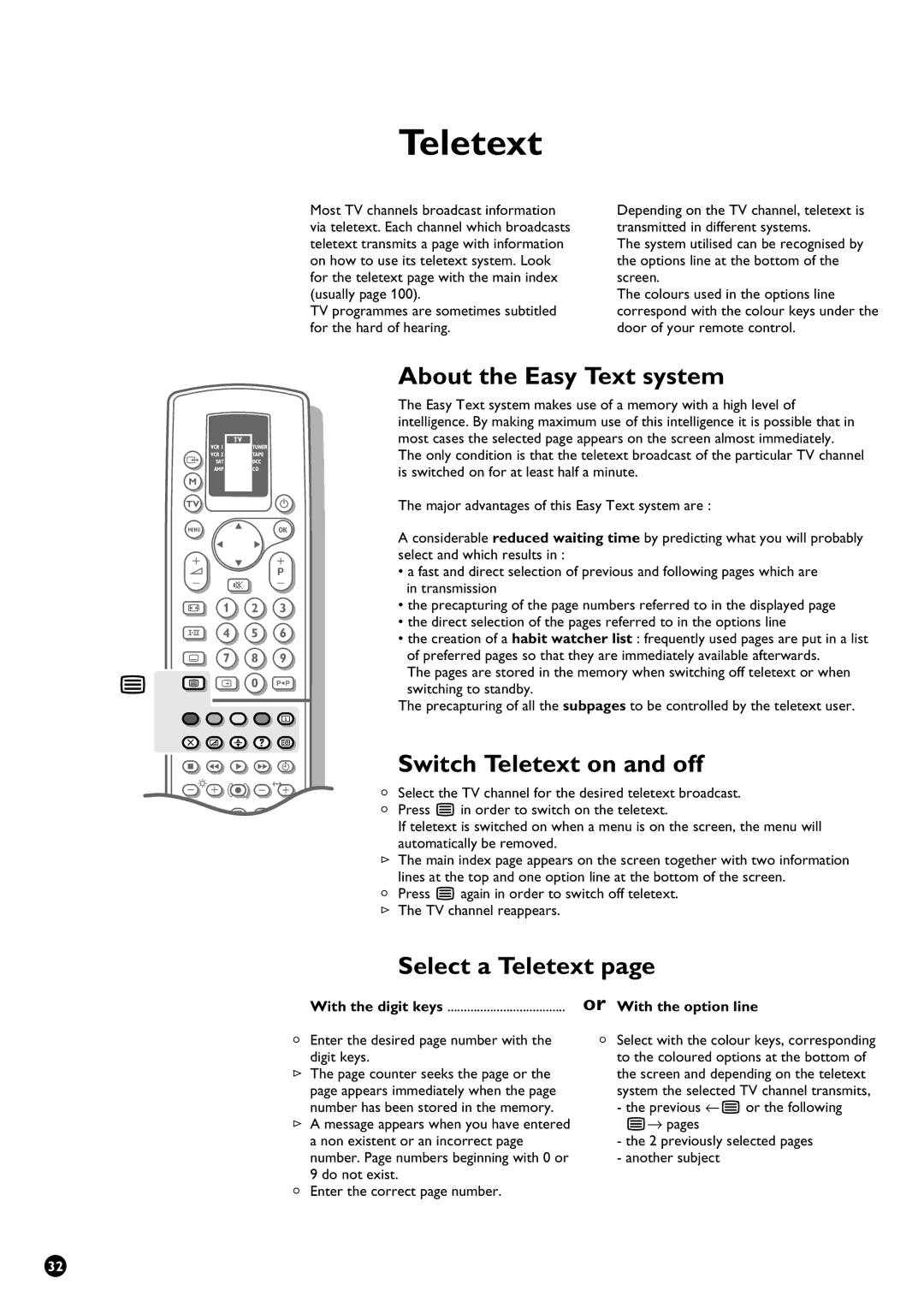 Philips 32PW9631/12 About the Easy Text system, Switch Teletext on and off, Select a Teletext, Or With the option line 