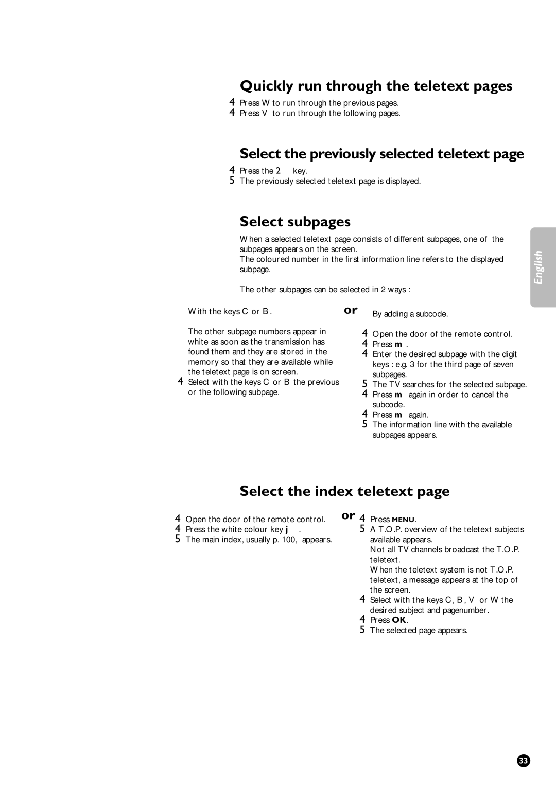 Philips 32PW9631/12 manual Quickly run through the teletext pages, Select subpages, Select the index teletext 