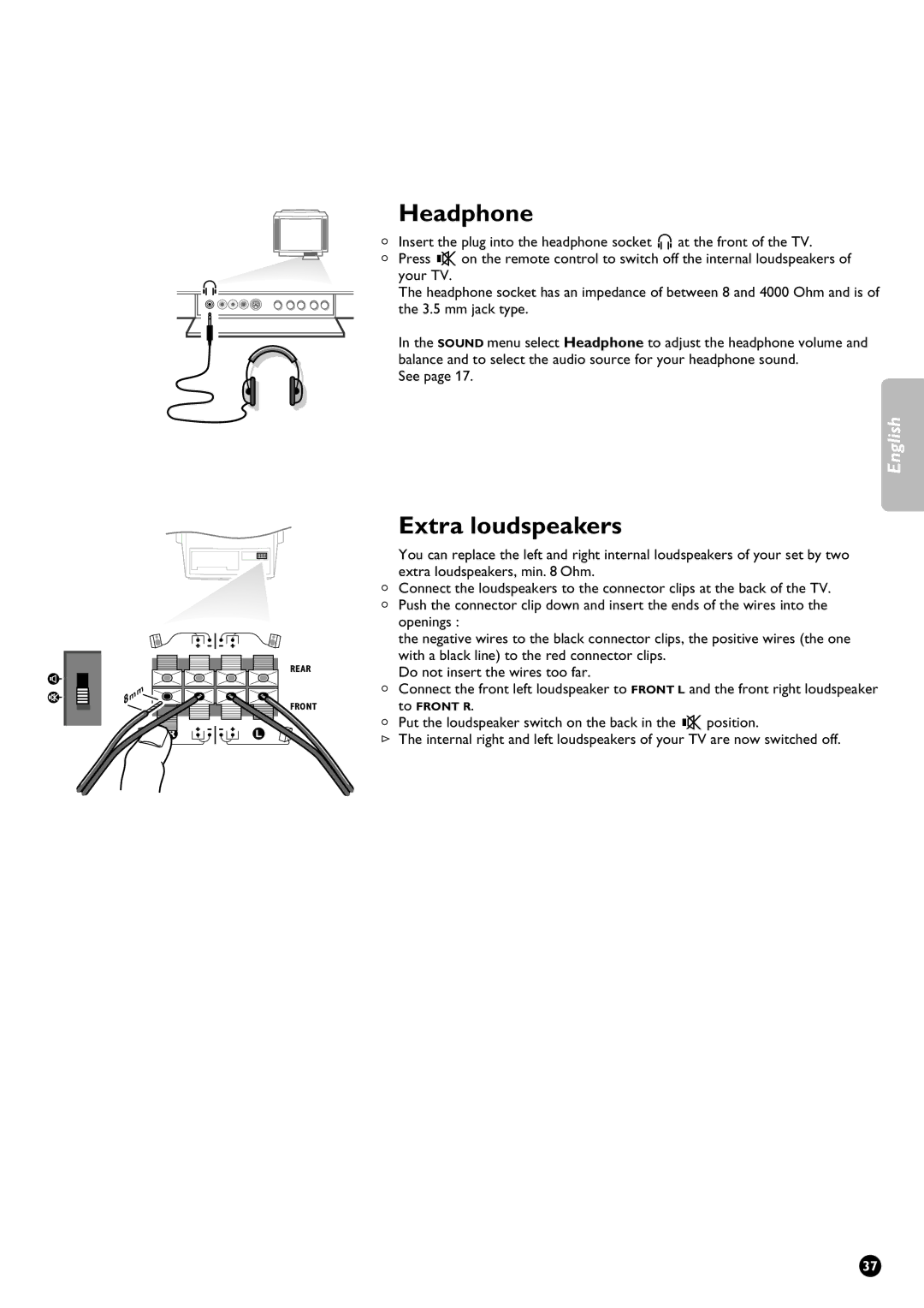 Philips 32PW9631/12 manual Headphone, Extra loudspeakers 