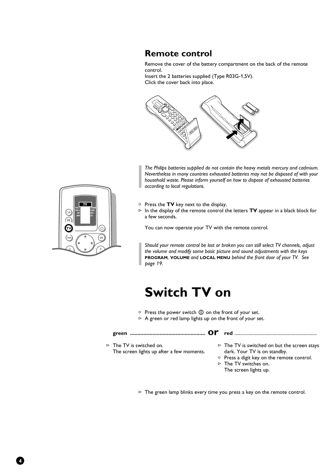 Philips 32PW9631/12 manual Switch TV on, Remote control 