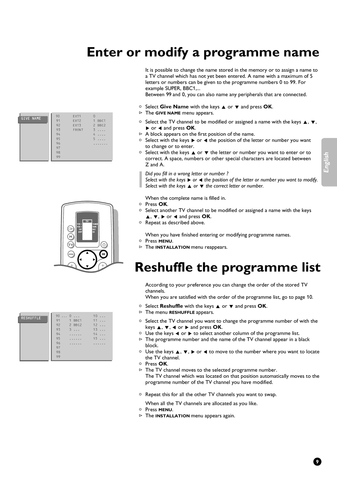 Philips 32PW9631/12 manual Enter or modify a programme name, Reshuffle the programme list 