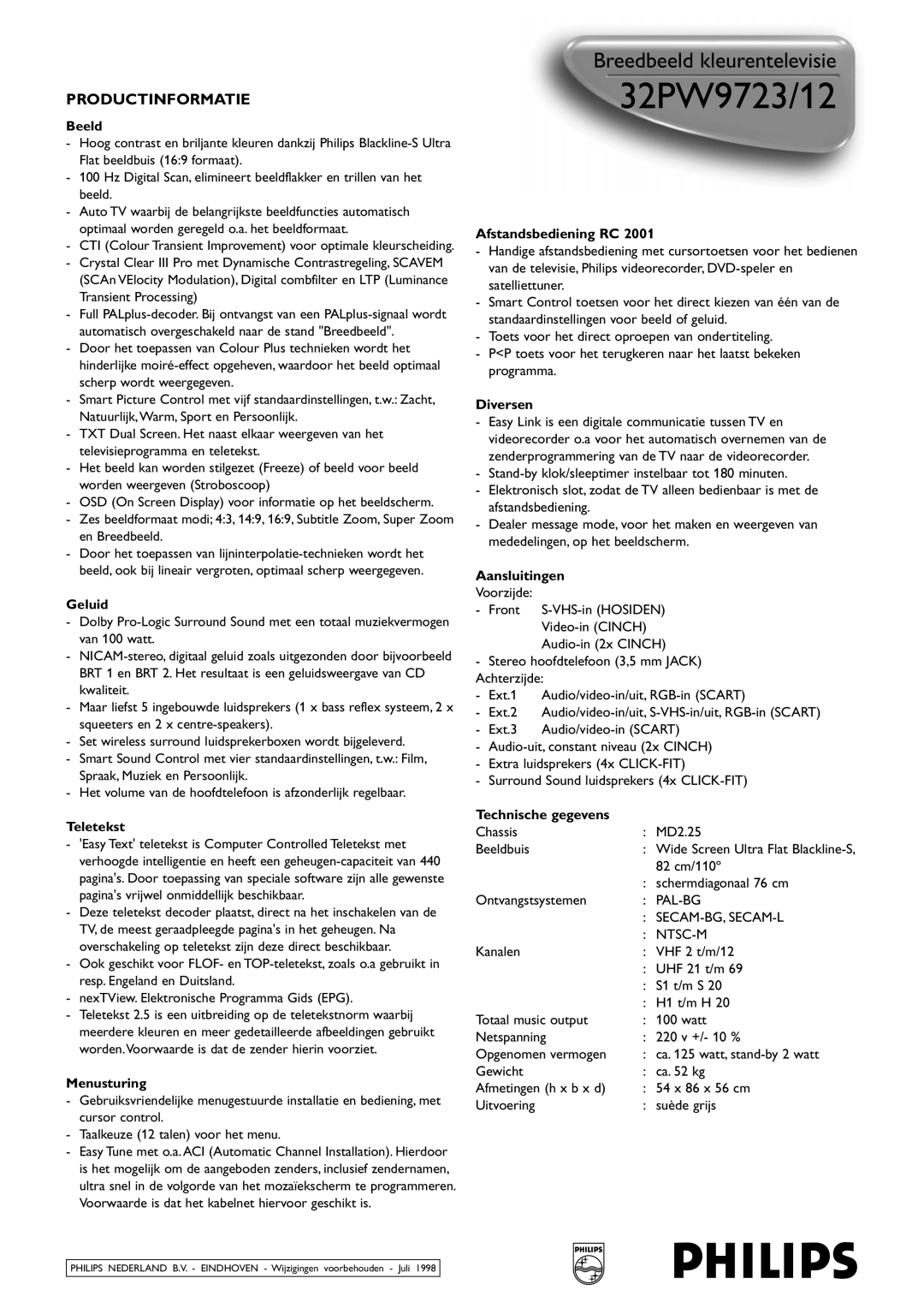 Philips 32PW9723/12 manual Beeld, Geluid, Teletekst, Menusturing, Afstandsbediening RC, Diversen, Aansluitingen 