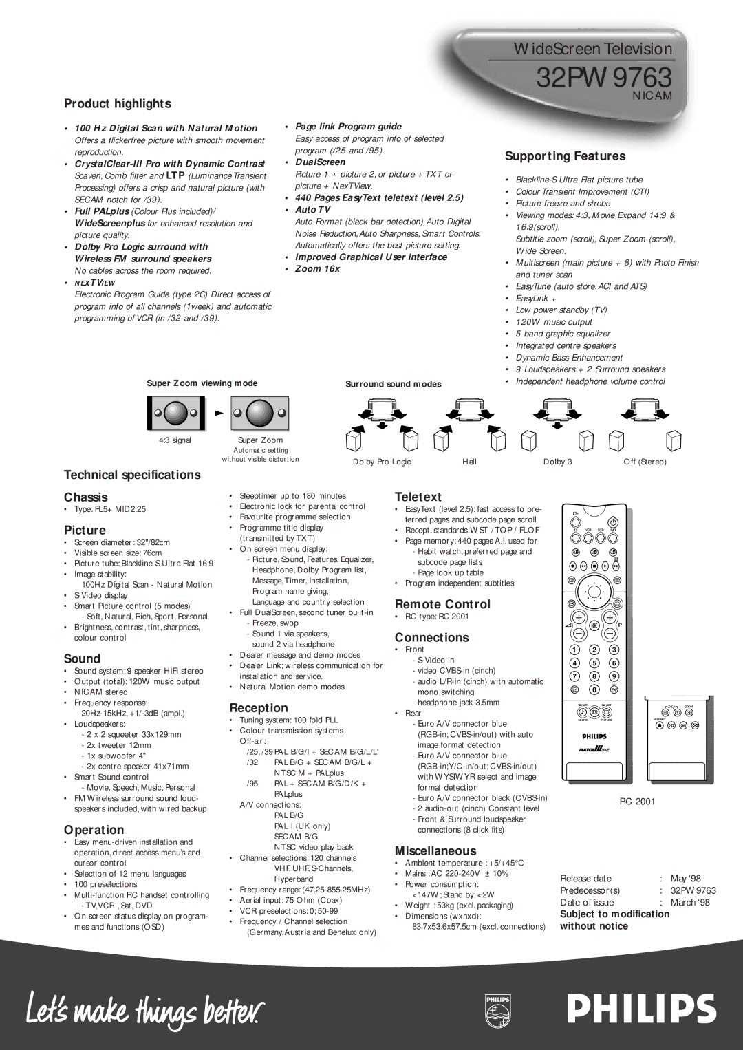 Philips 32PW9763 NICAM Product highlights, Supporting Features, Technical specifications Chassis, Picture, Teletext, Sound 