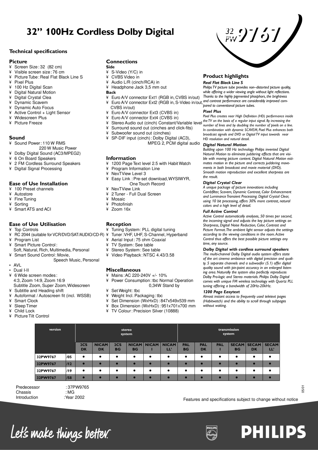 Philips 32PW9767/58 manual Technical specifications Picture, Sound, Ease of Use Installation, Connections, Information 