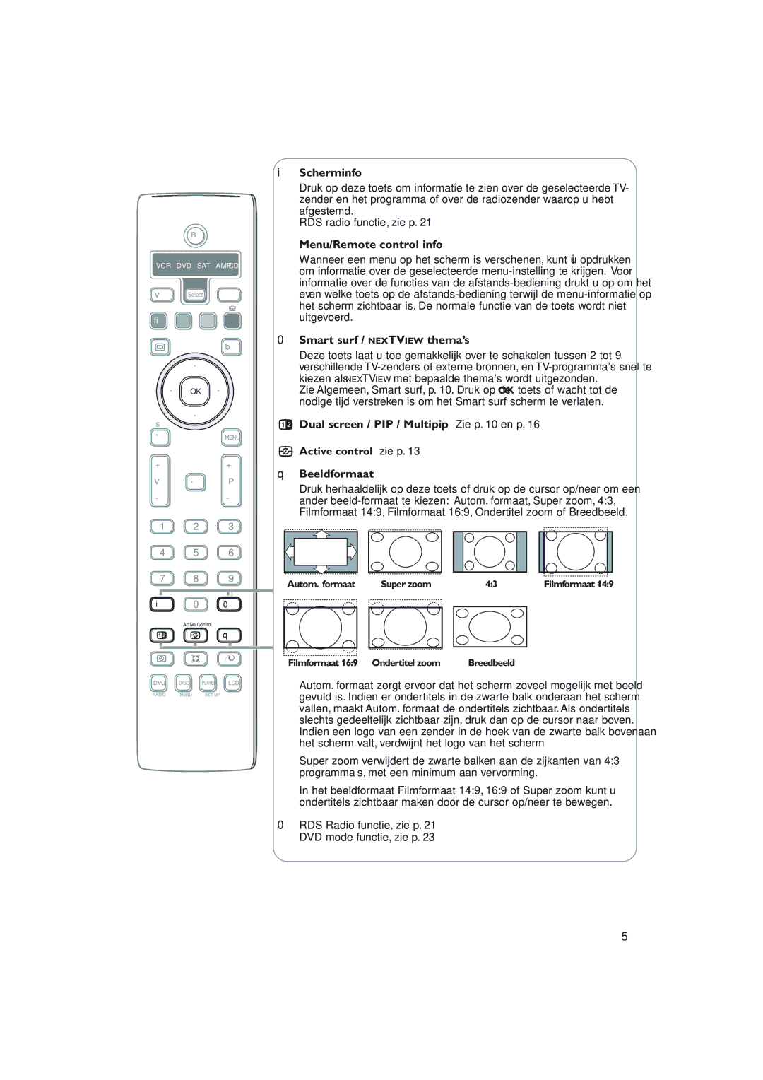 Philips 32PW9788 manual Scherminfo, Smart surf / Nextview thema’s, Dual screen / PIP / Multipip Zie p en p, Beeldformaat 