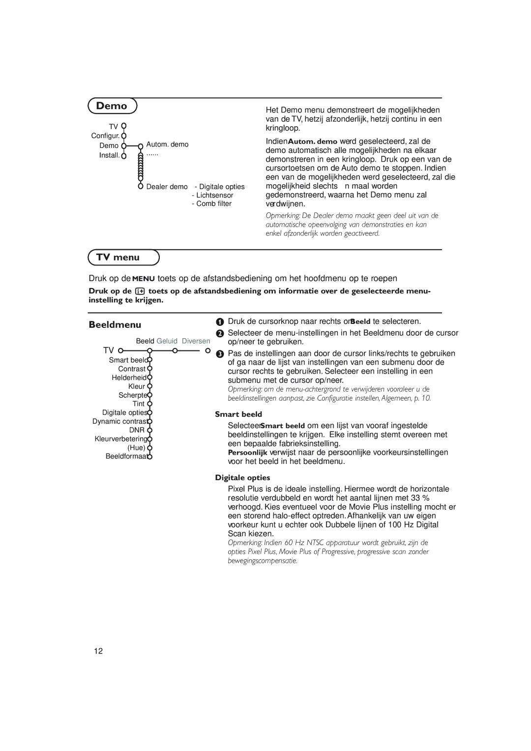 Philips 32PW9788 manual TV menu, Beeldmenu, Smart beeld, Digitale opties 
