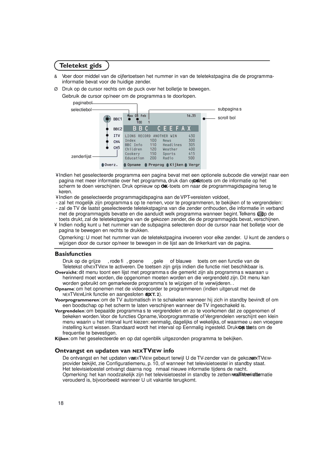 Philips 32PW9788 manual Teletekst gids, Basisfuncties, Ontvangst en updaten van Nextview info 