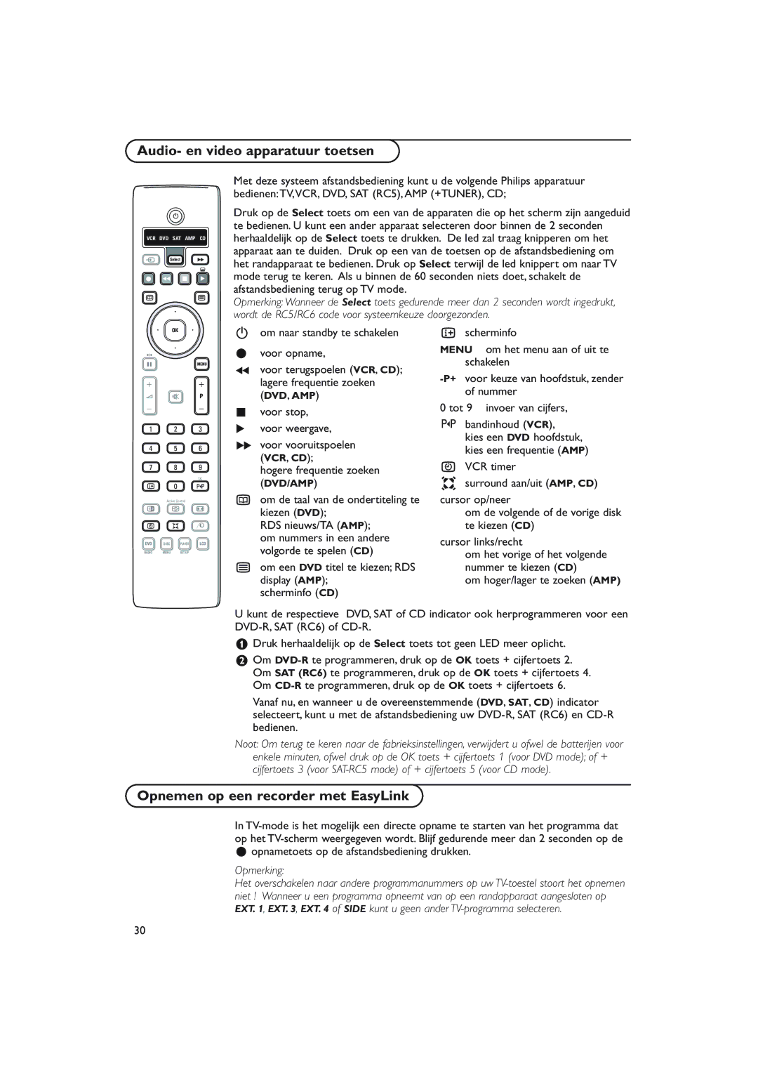 Philips 32PW9788 manual Audio- en video apparatuur toetsen, Opnemen op een recorder met EasyLink 