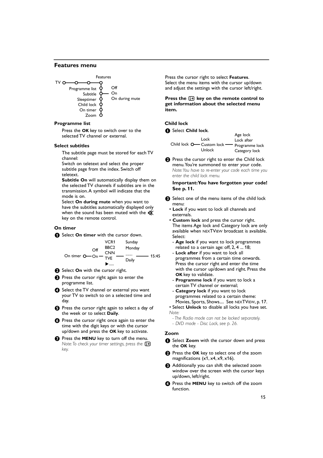 Philips 32PW9788 manual Features menu 