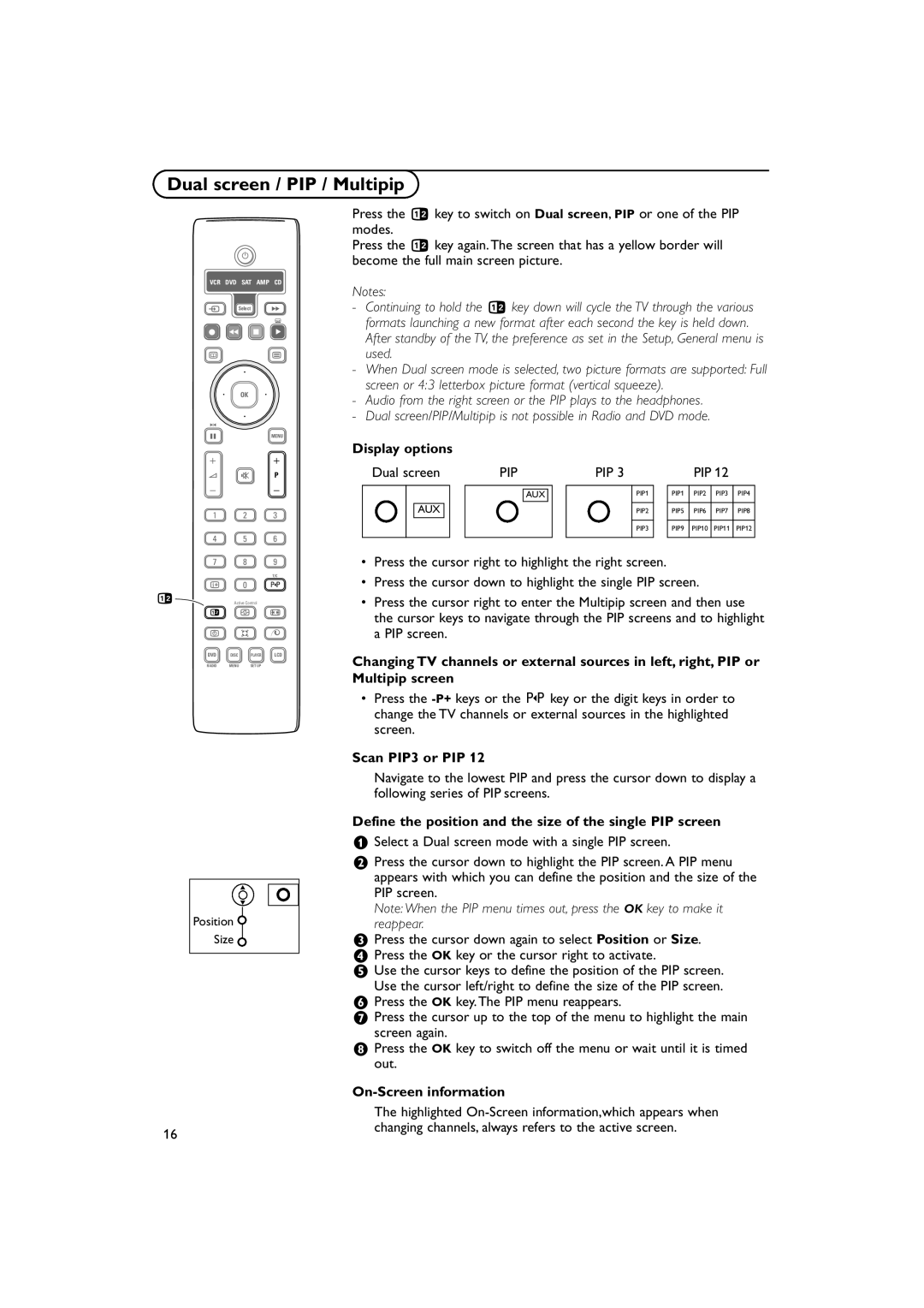 Philips 32PW9788 manual Dual screen / PIP / Multipip, Display options, Scan PIP3 or PIP, On-Screen information 