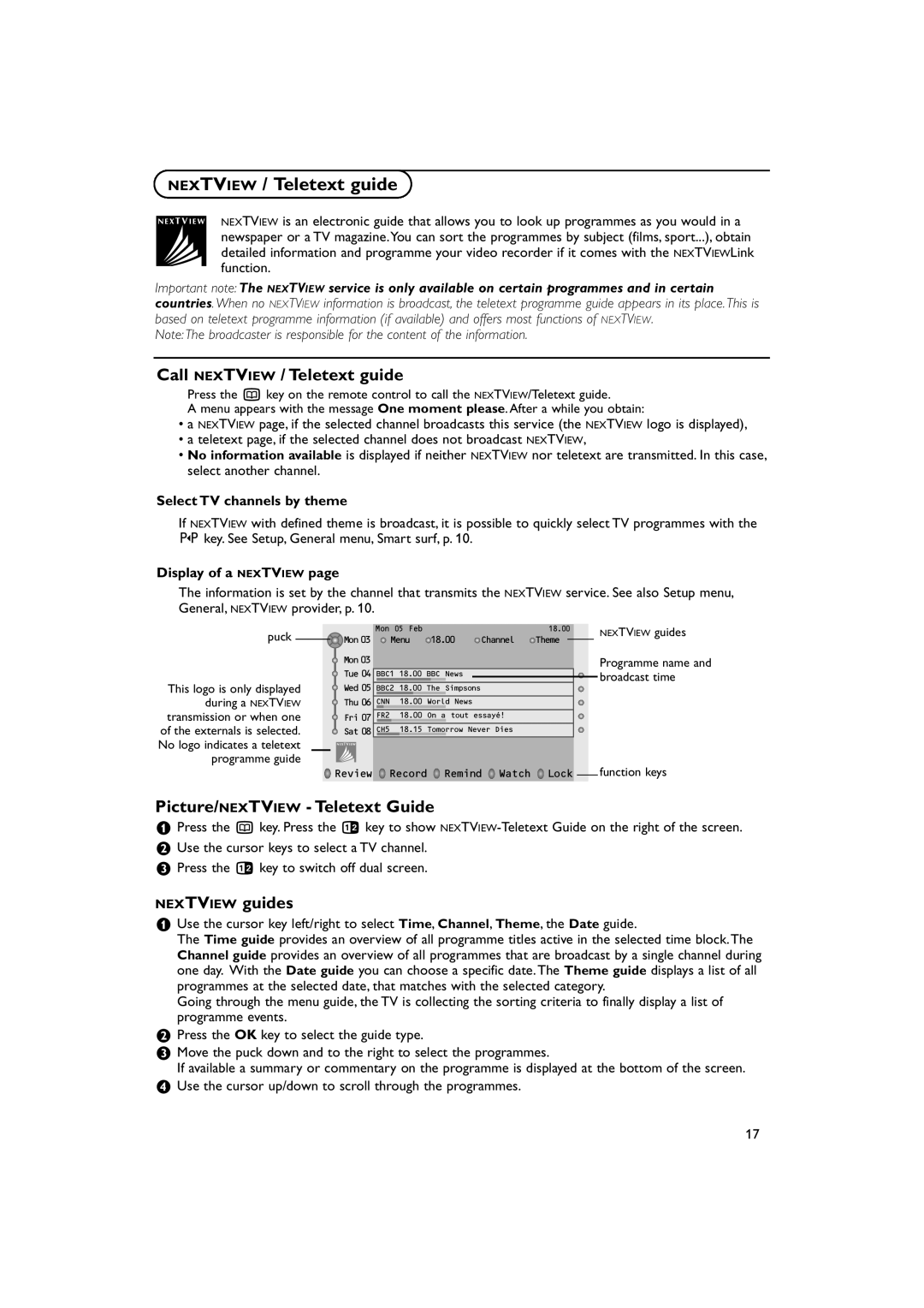 Philips 32PW9788 manual Call Nextview / Teletext guide, Picture/NEXTVIEW Teletext Guide, Nextview guides 