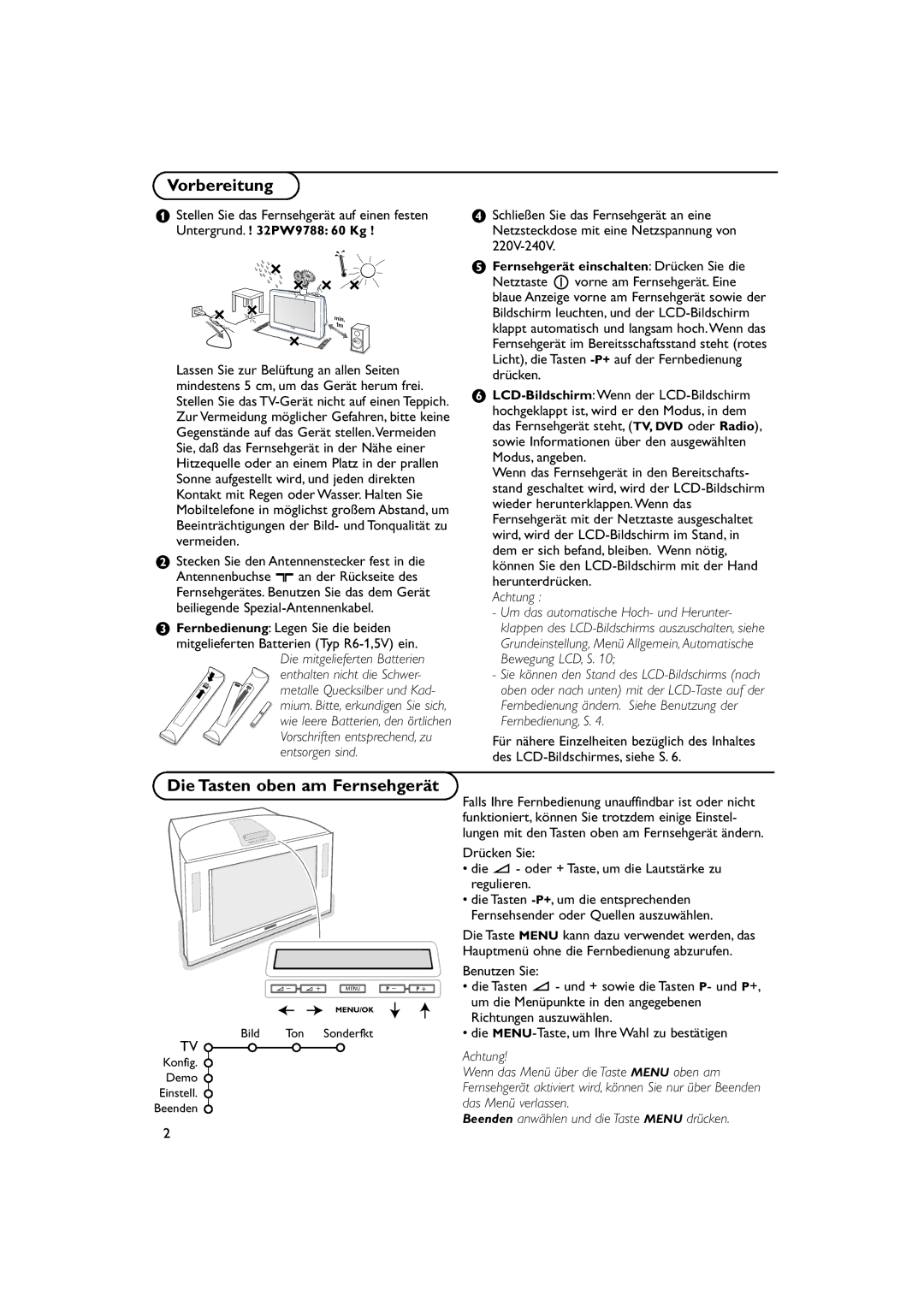 Philips 32PW9788 manual Vorbereitung, Die Tasten oben am Fernsehgerät, Achtung 